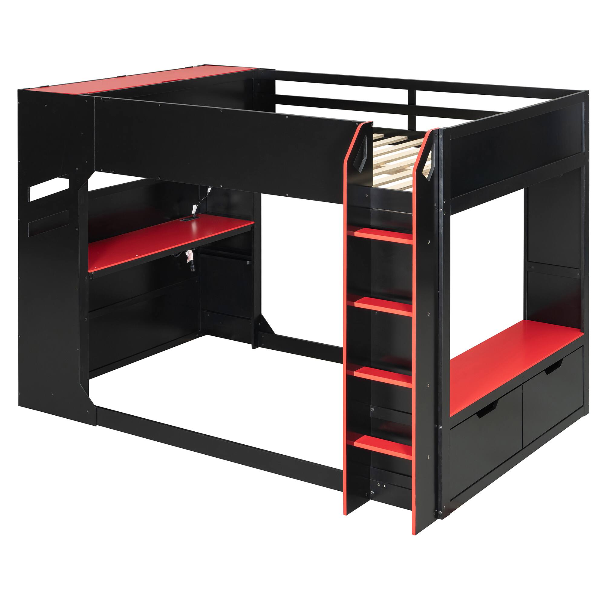 Back. Anysun - Full Size Wood Loft Bed with Height-adjustable Desk,Drawers,Storage Compartments,Hanging Rod and RGB Lights - Red.
