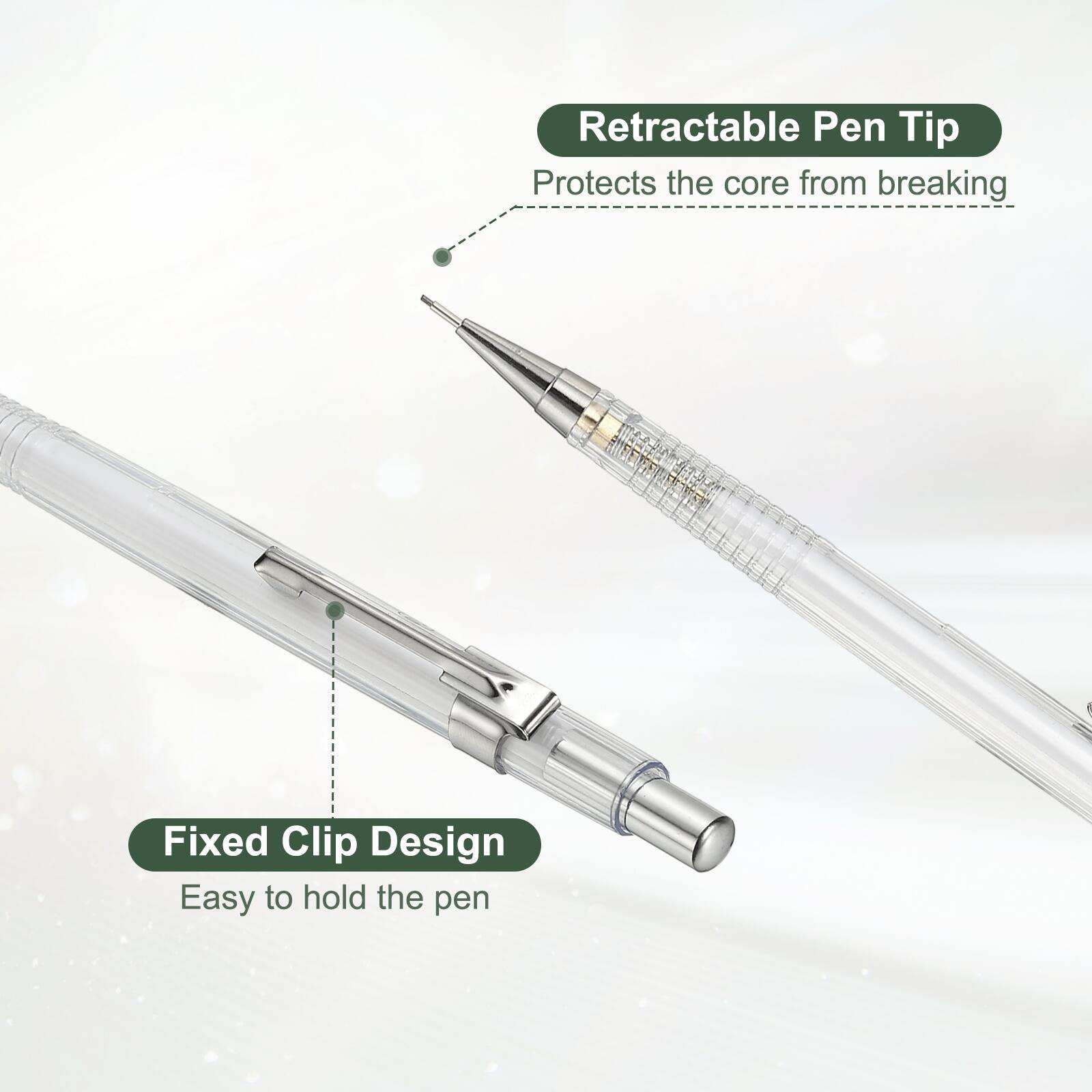 Retractable Pen Tip  
Protects the core from breaking  

Fixed Clip Design  
Easy to hold the pen