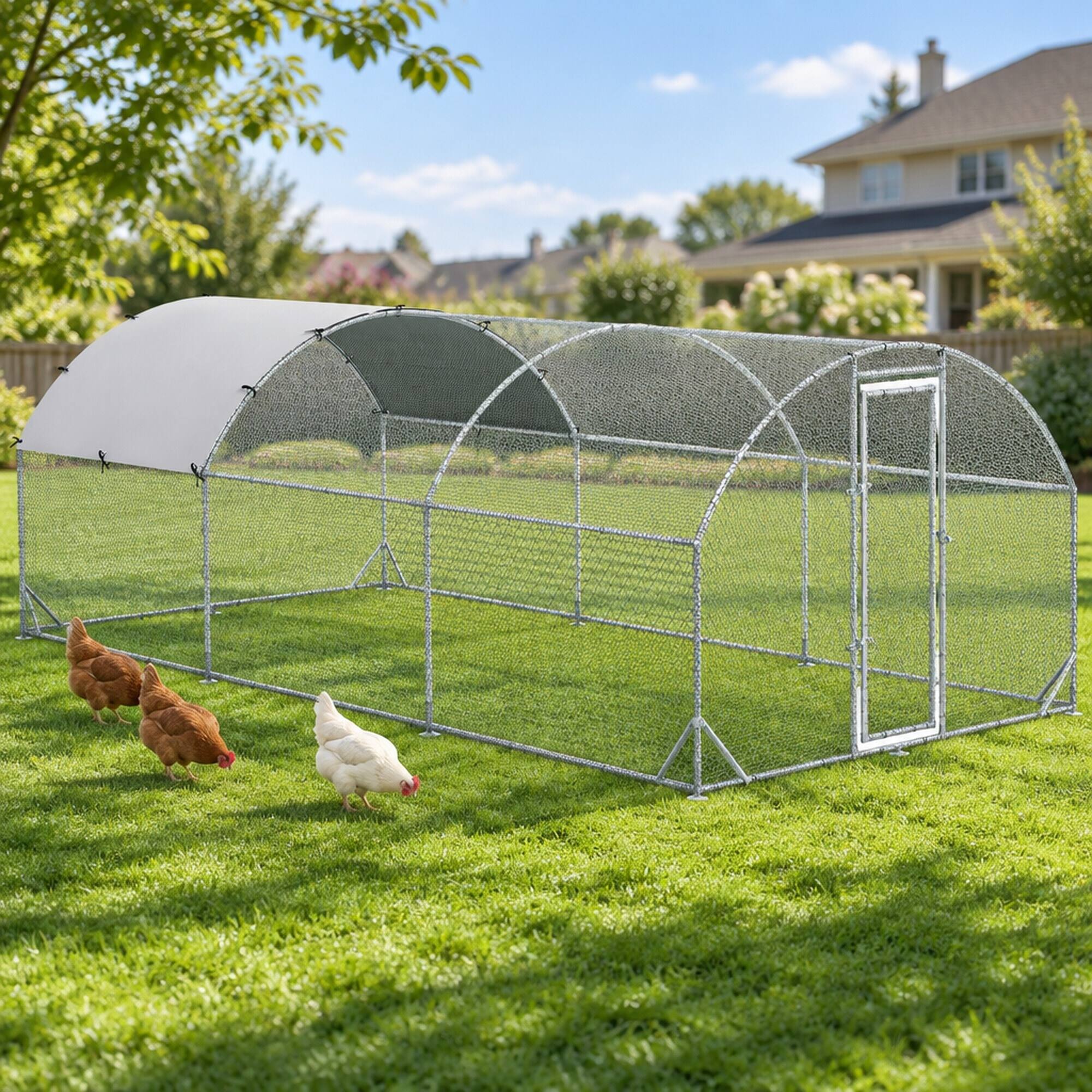 Left. RYHNUYNE - Metal Chicken Coop, 18.7 ft x 9.2 ft x 6.5 ft Walk-in Run, Dome Roof, Waterproof Cover, 1 in Tube.