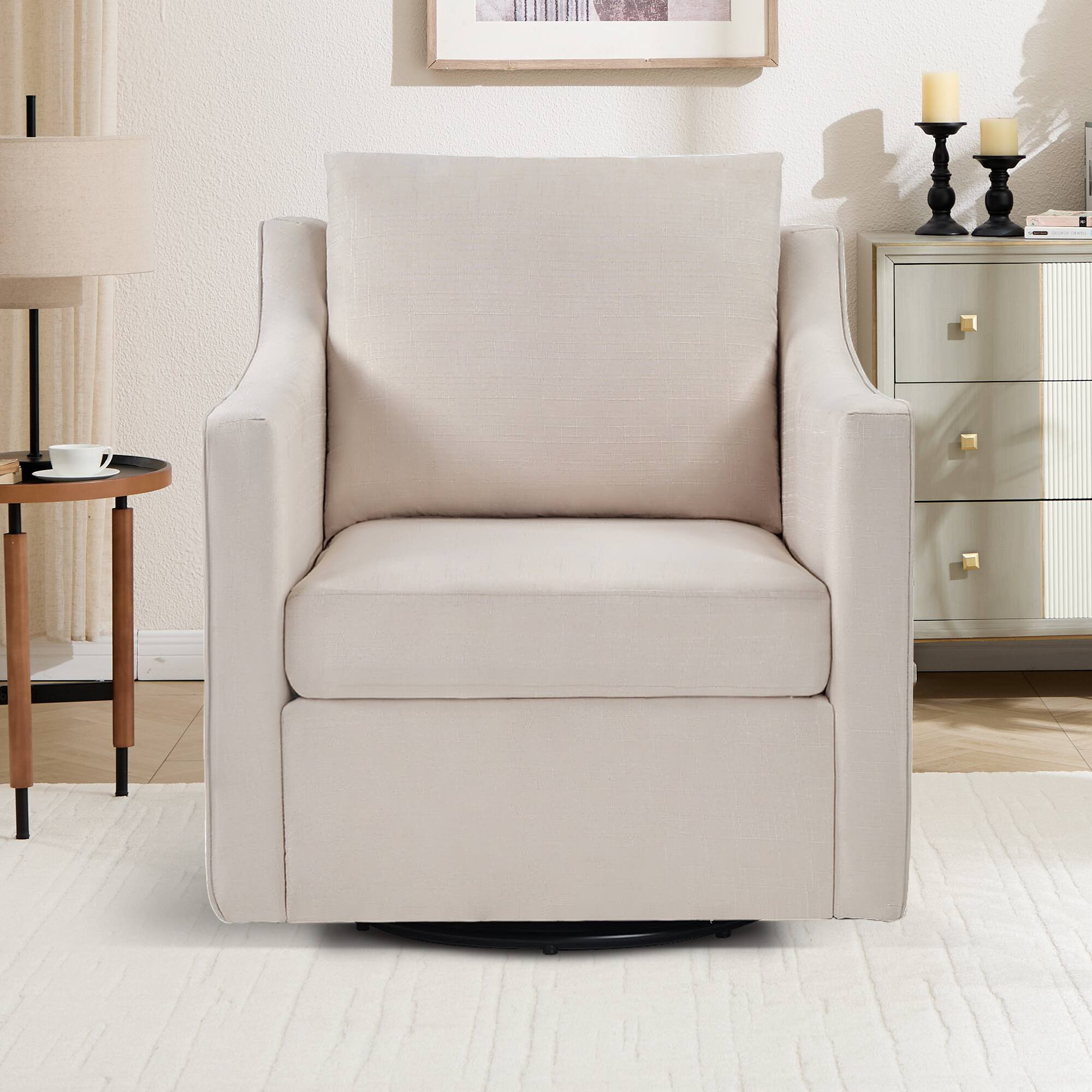 Angle. Bestier - Swivel Accent Square Chair with Thick Padded Backrest Cushion, Lounge Reading Chair for Living Room Bedroom - Beige.