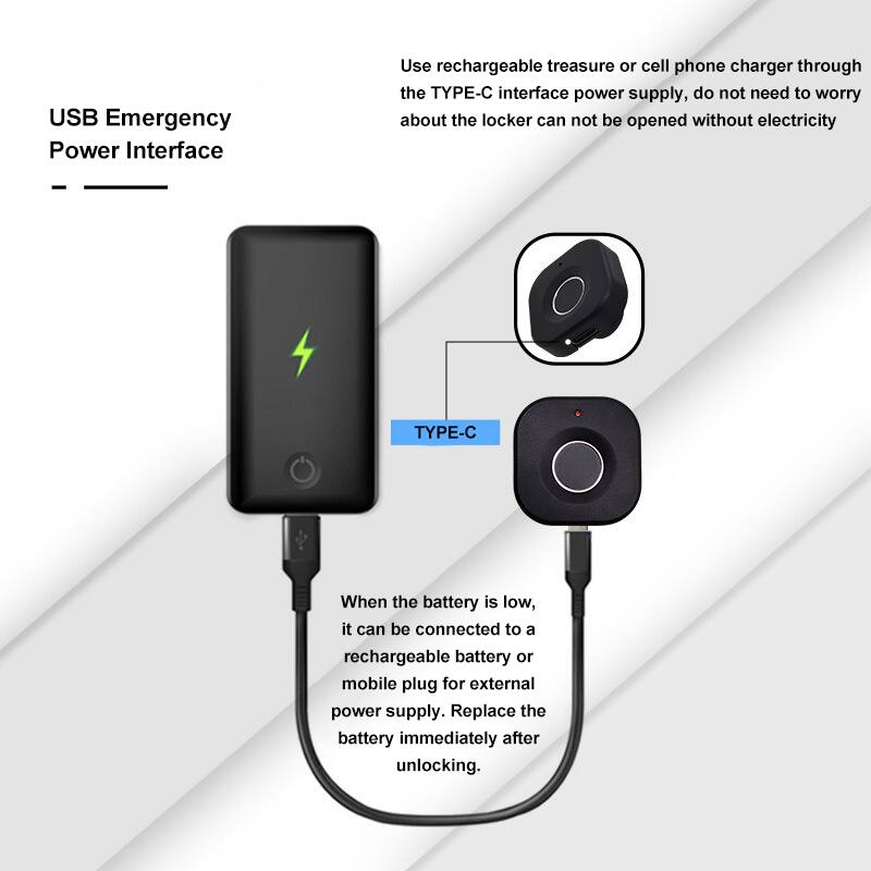 USB Emergency Power Interface

Use rechargeable treasure or cell phone charger through the TYPE-C interface power supply, do not need to worry about the locker can not be opened without electricity.

When the battery is low, it can be connected to a rechargeable battery or mobile plug for external power supply. Replace the battery immediately after unlocking.