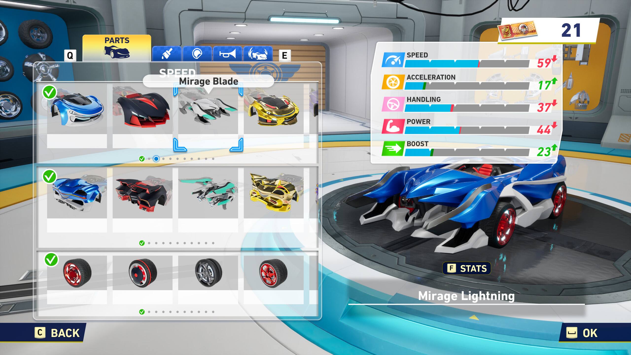 PARTS  
21  
Q  
SPEED Mirage Blade  
E  
SPEED ACCELERATION  
59 17  
HANDLING POWER BOOST  
37 44 23  
F STATS  
Mirage Lightning  
BACK  
OK