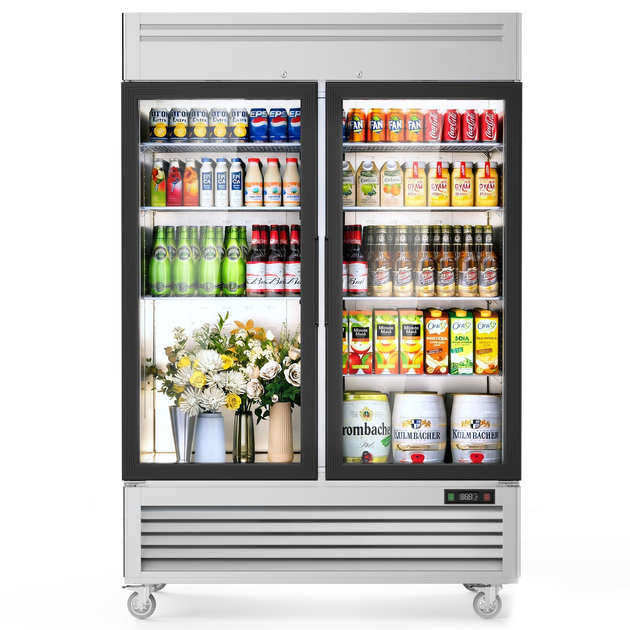 Coolake - 54.4" W 2 Glass Doors Commercial Display Refrigerator, 49 Cu.Ft Merchandiser Refrigerator - Stainless Steel