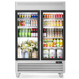 Coolake - 54.4" W 2 Glass Doors Commercial Display Refrigerator, 49 Cu.Ft Merchandiser Refrigerator - Stainless Steel
