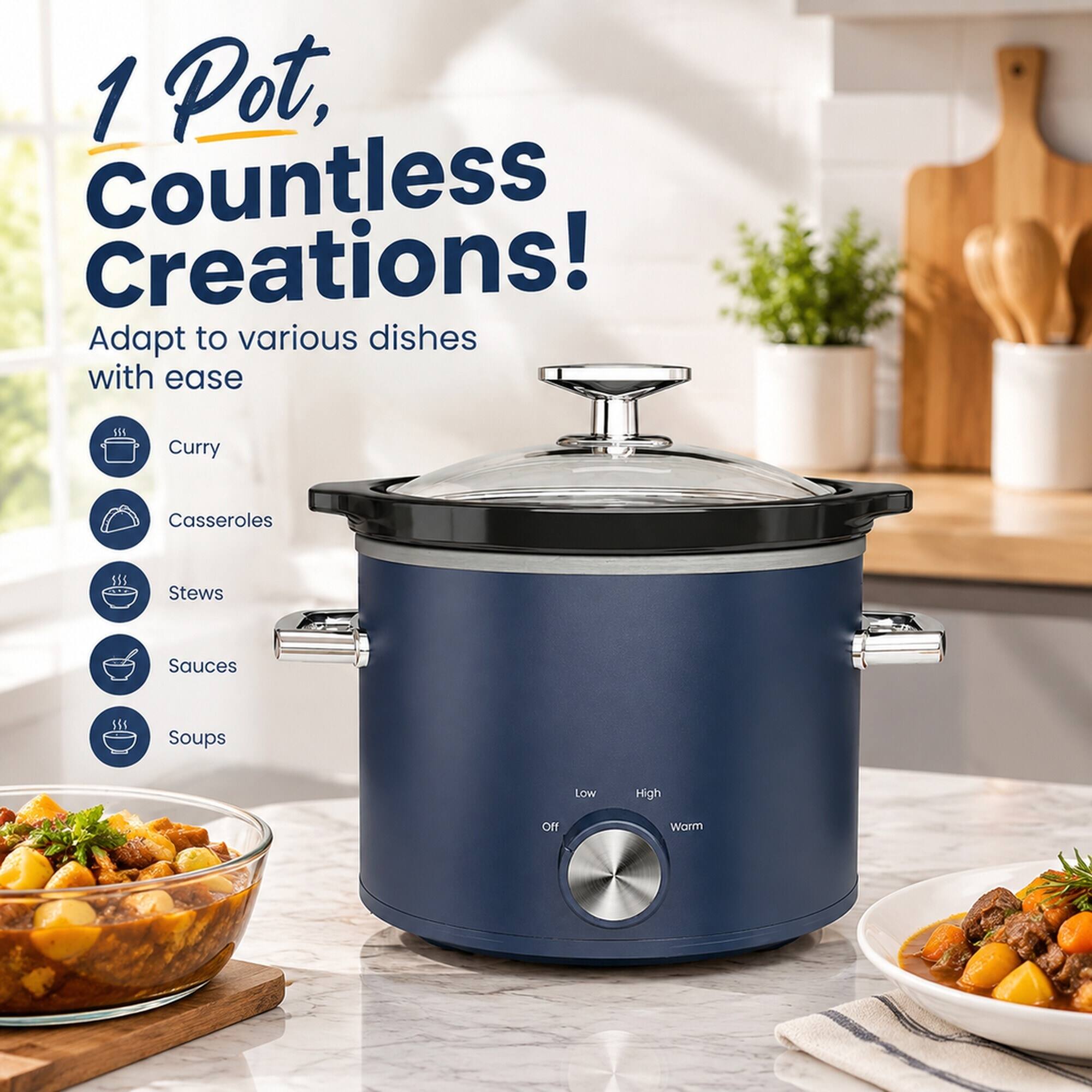 1 Pot, Countless Creations!  
Adapt to various dishes with ease  
Curry  
Casseroles  
Stews  
Sauces  
Soups  
Low  
High  
Off  
Warm