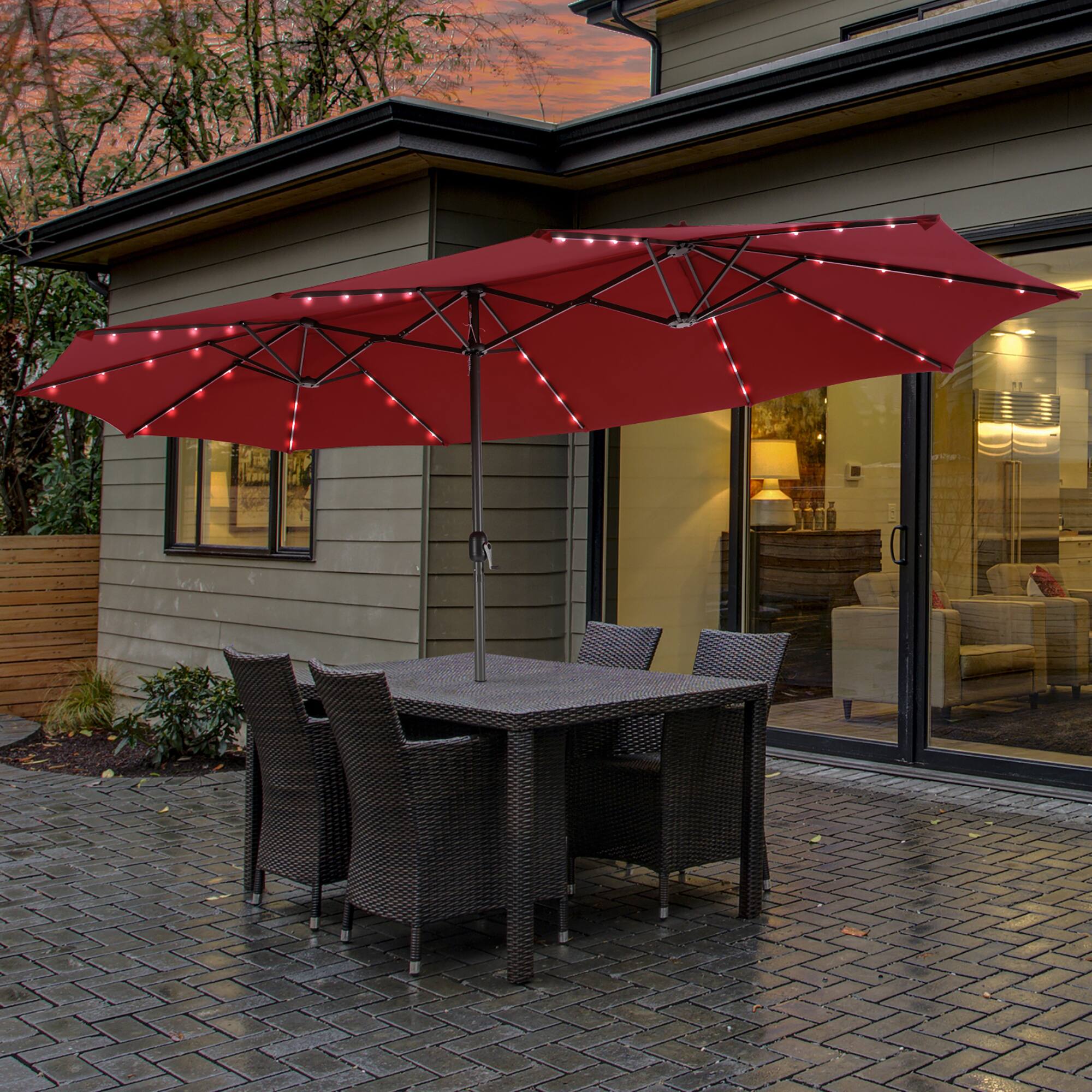 Alt View 1. Costway - 15FT Twin Patio Double-Sided Umbrella 48 Solar LED Lights Crank Outdoor - Wine.