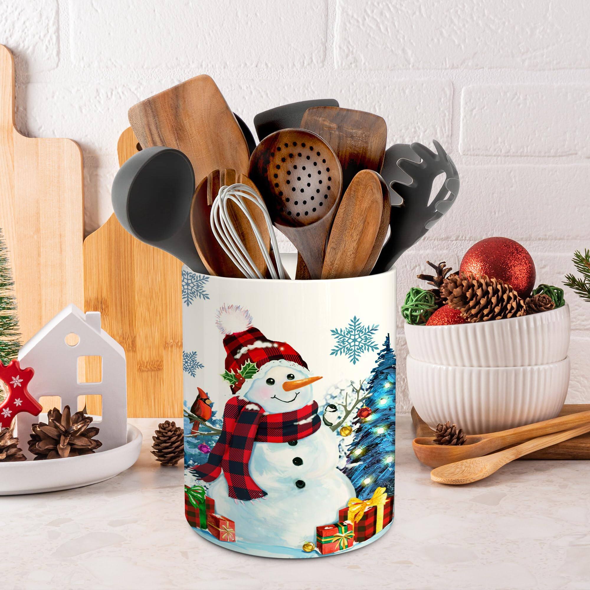 Alt View 2. Paradigms Interiors - Christmas Kitchen Decor Ceramic Utensil Holder Cute Snowman Utensils Xmas Crock For Rustic Farmhouse Indoor... - Sunflower gnome02.