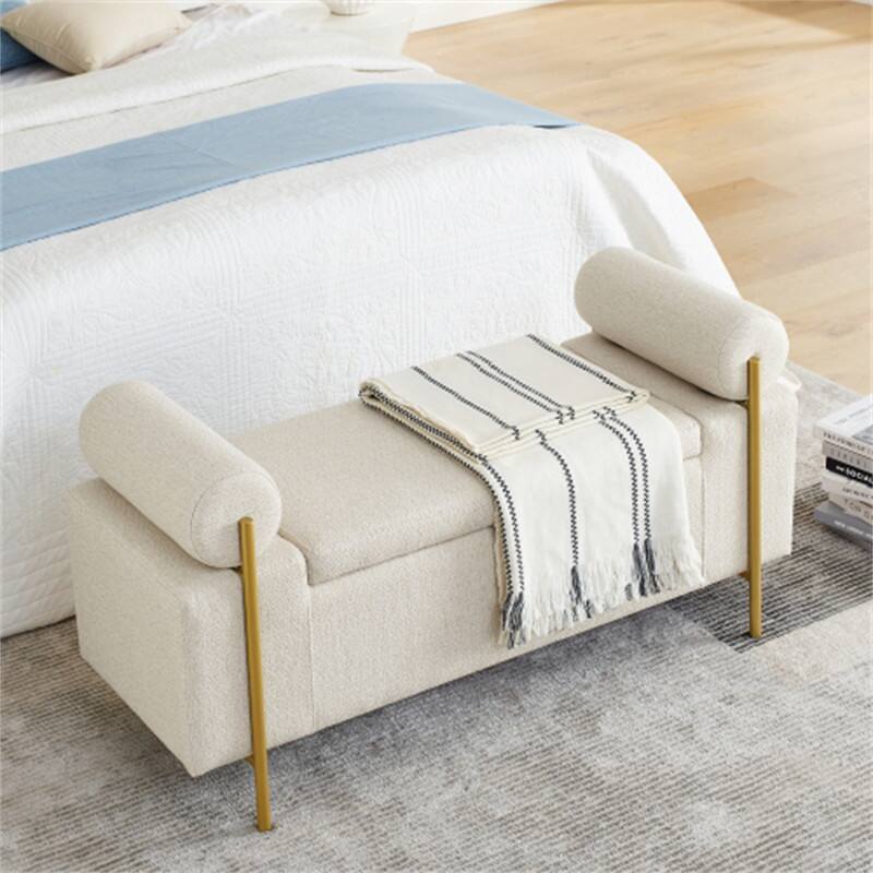 Alt View 10. HTUTWOO - Linen Storage Ottoman Bench for Living Room Bedroom - Elegant Upholstered Bench with Cylindrical Arms and Iron Legs - Beige.