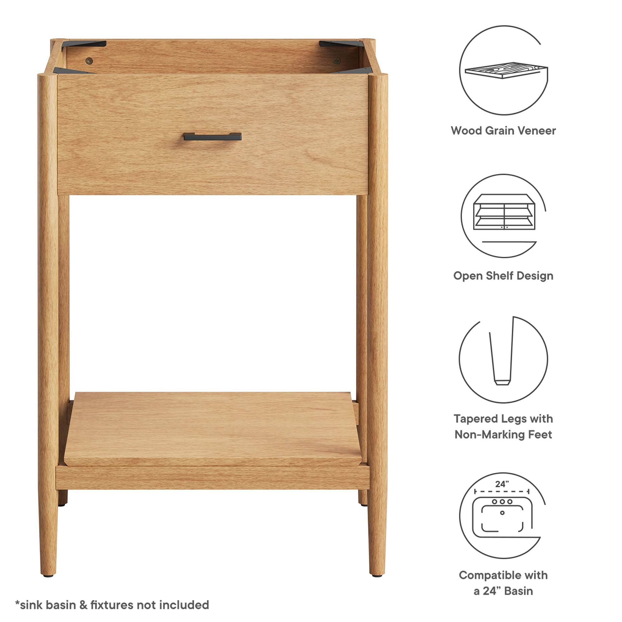 Wood Grain Veneer Open Shelf Design Tapered Legs with Non-Marking Feet  
24"  
*Sink basin & fixtures not included  
Compatible with a 24" Basin