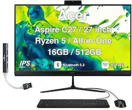 Acer - Upgraded - Aspire C27 All-in-One 27 FHD Display (Ryzen 5 7430U, 16GB, 512GB SSD, AMD Radeon, WiFi 6E, Win 11 Pro) w/USB Hub - Black