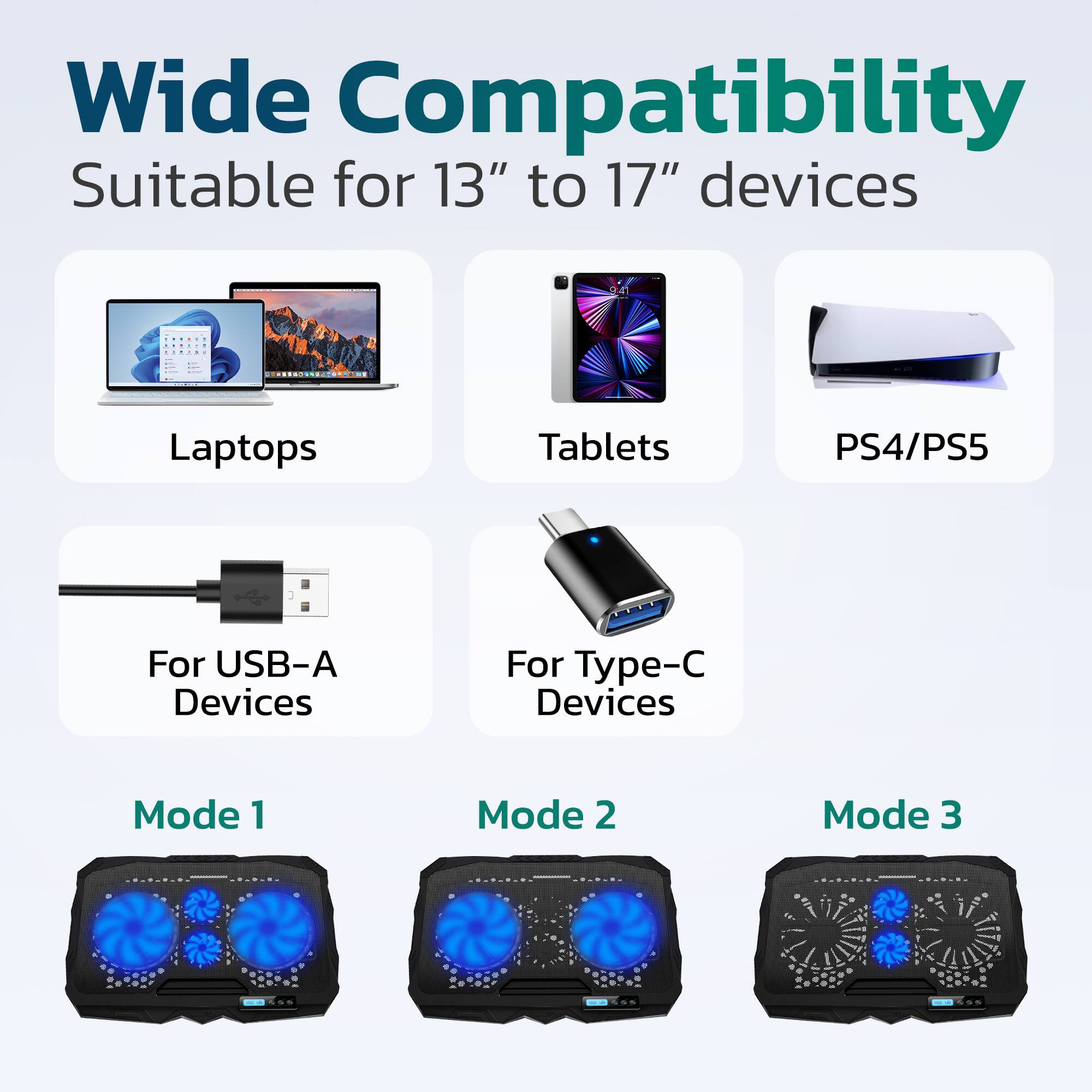 Wide Compatibility: Suitable for 13" to 17" devices, including Laptops, Tablets, PS4/PS5. For USB-A Devices, For Type-C Devices. Modes: Mode 1, Mode 2, Mode 3.