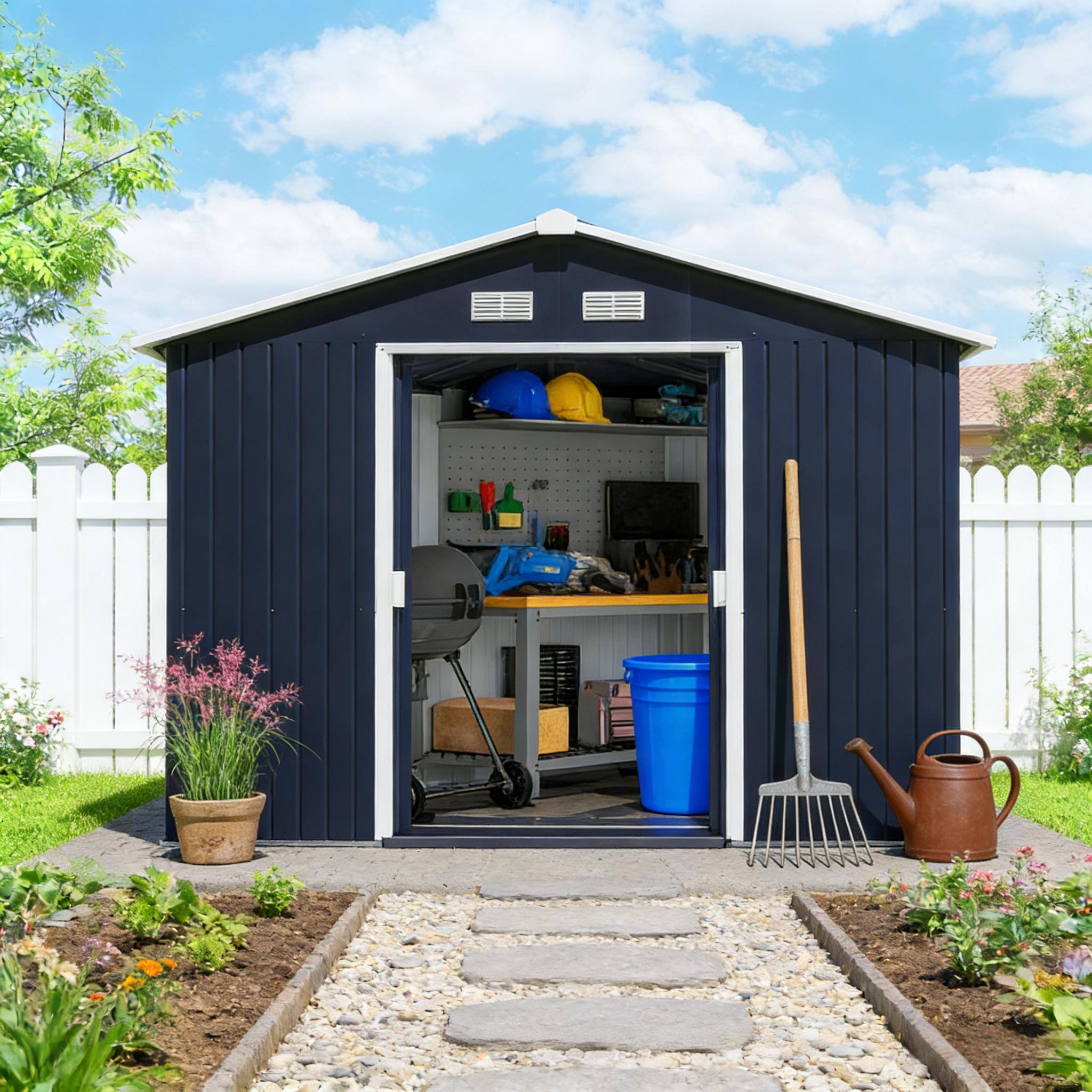 Angle. Anysun - 126" Metal Storage Shed with Sliding Doors & Ventilation, Spacious Outdoor Tool Shed for Garden or Yard - Dark Gray.
