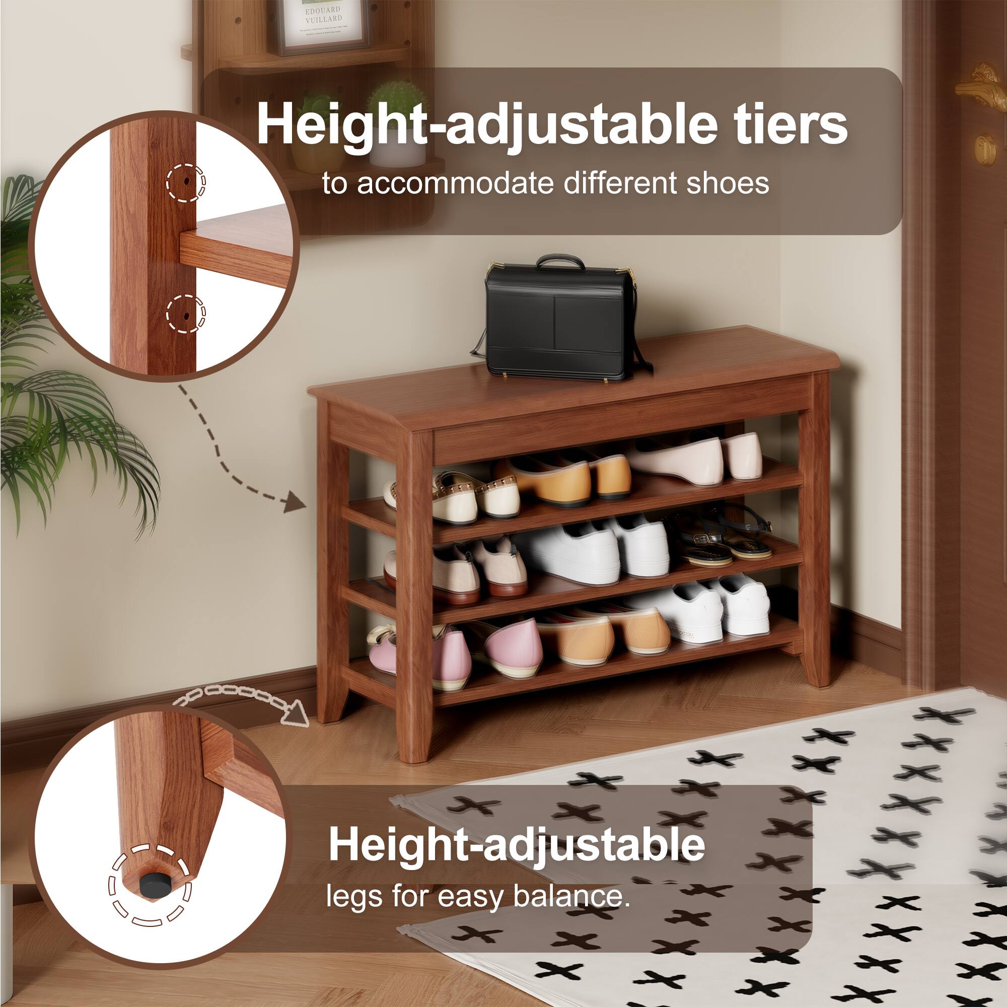 Height-adjustable tiers to accommodate different shoes

Height-adjustable legs for easy balance.