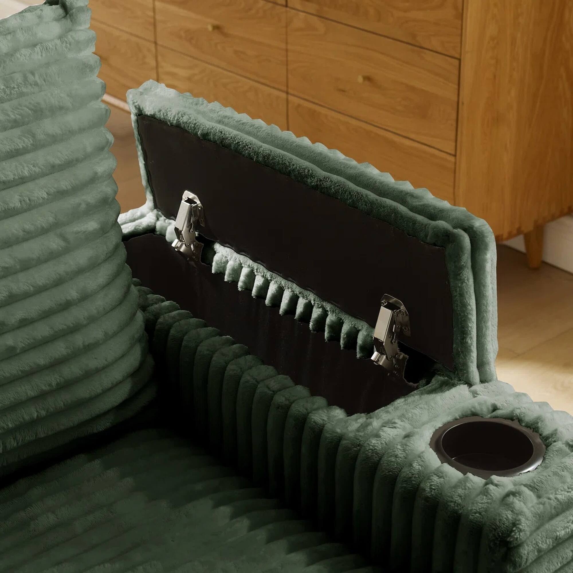 Back. Yardgrace - 6-Seater U-Shaped Corduroy Sofa with USB Charging, Phone Holders & Storage Armrests - Green.