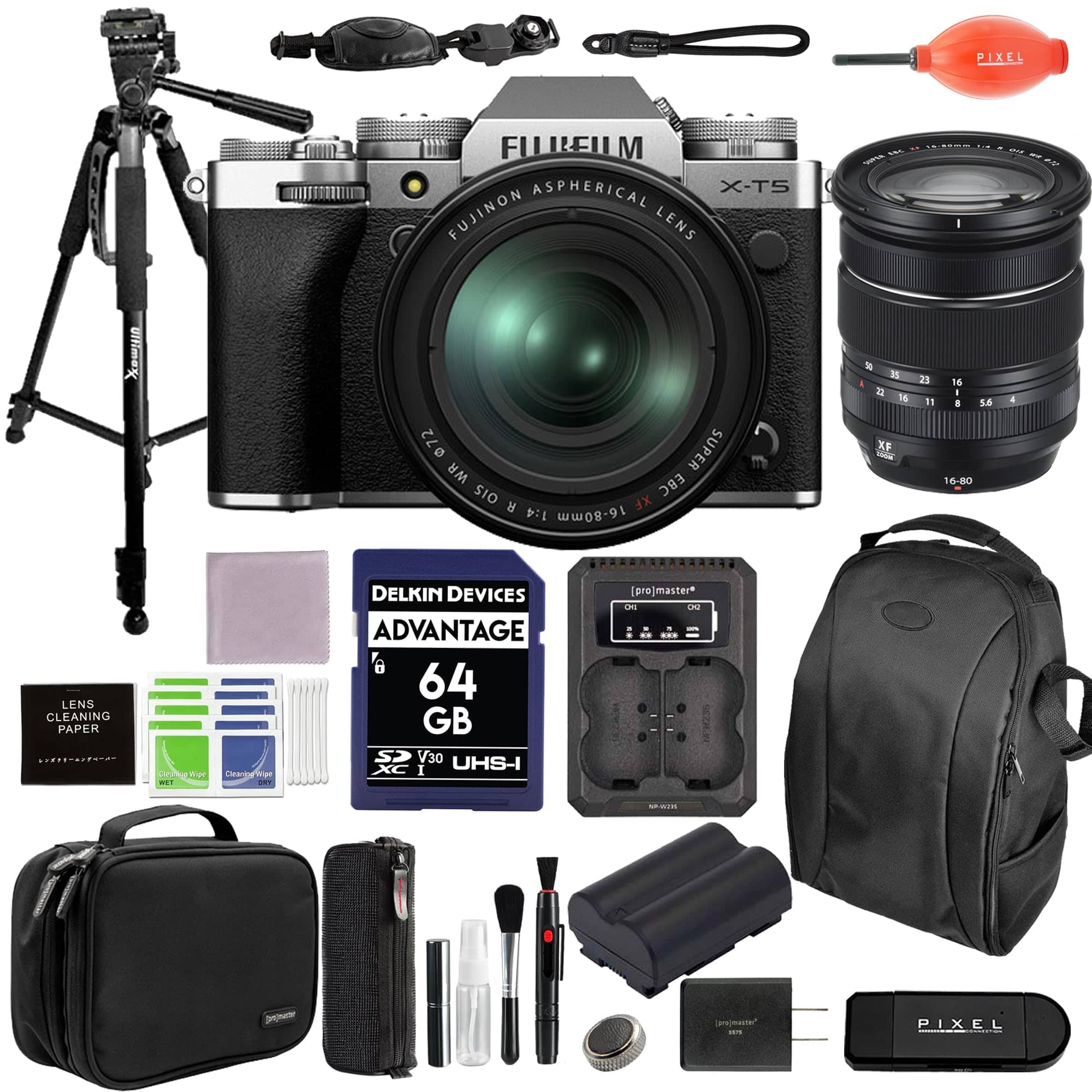 Fujifilm - X-T5 Mirrorless Camera with 16-80mm Lens (Silver) Bundle with Extra Battery & Charger Kit, Tripod, & More
