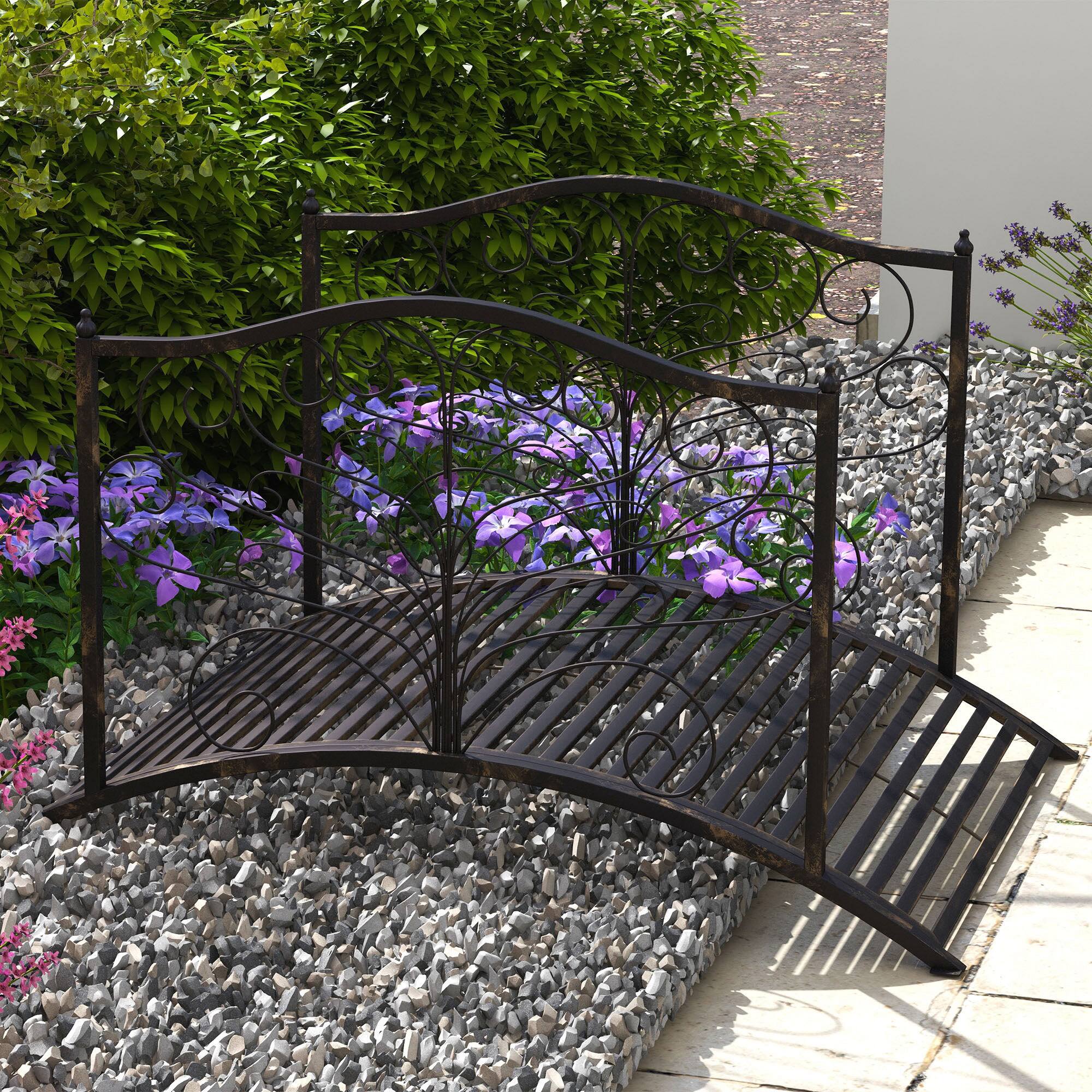 Alt View 1. Outsunny - 4’ Metal Arch Backyard Garden Bridge with Safety Siderails, Delicate Scrollwork, & Easy Assembly - Black, Bronze.