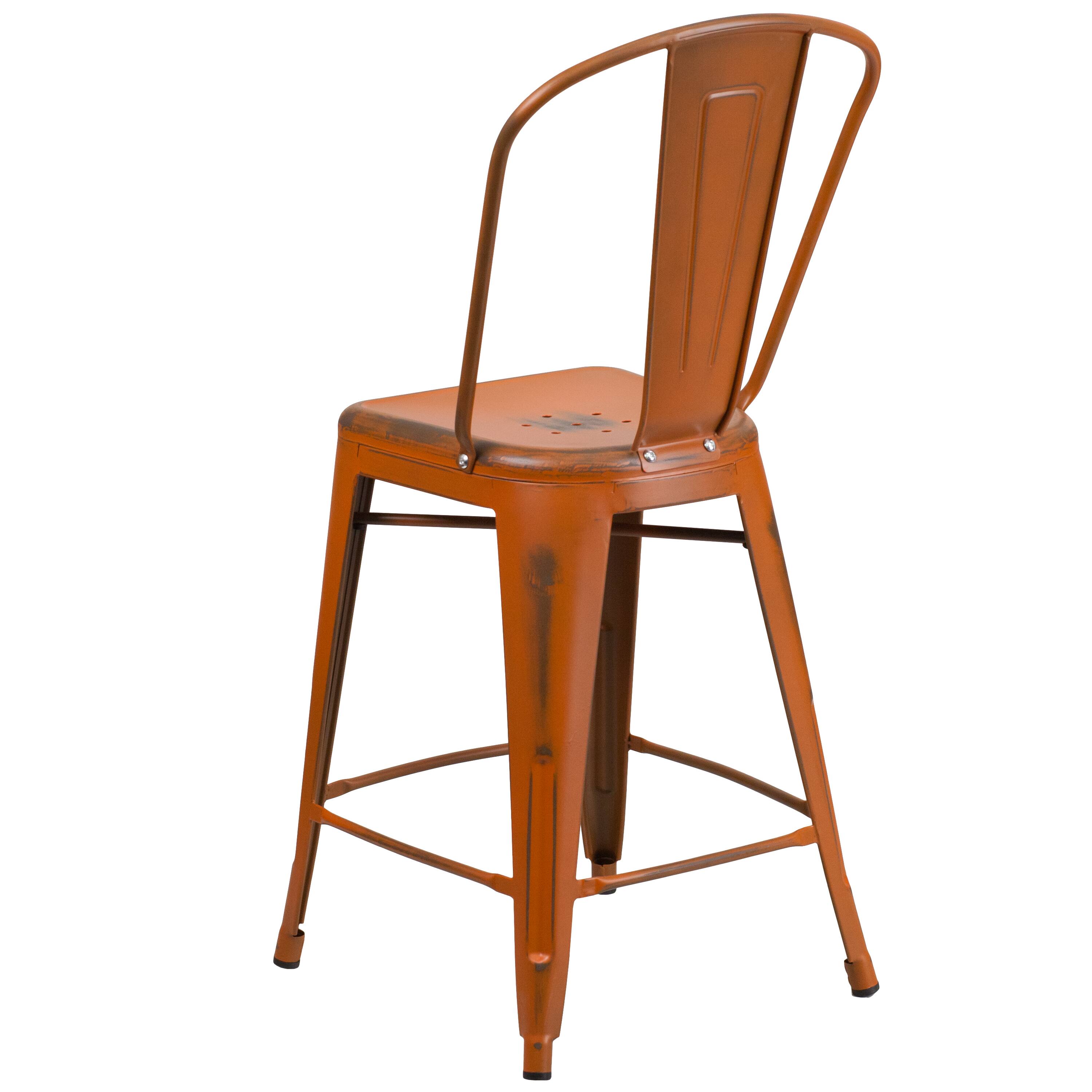 Alt View 5. Emma + Oliver - Commercial Grade 24"H Distressed Metal Indoor-Outdoor Counter Stool with Back - Orange.