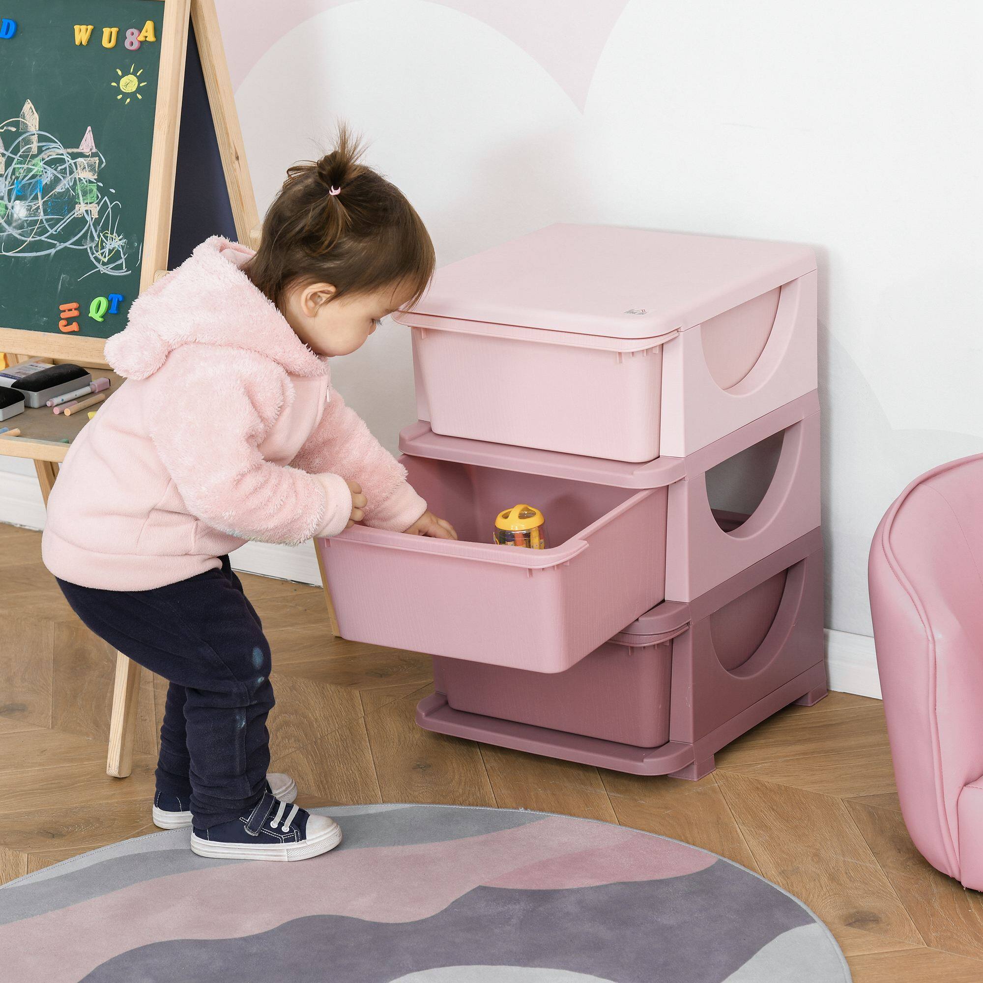 Angle. Qaba - 3 Tier Kids Storage Unit, 3 Drawer Chest Toy Organizer, Plastic Bins, Bedroom, Nursery, Living Room, Toddlers - Pink.
