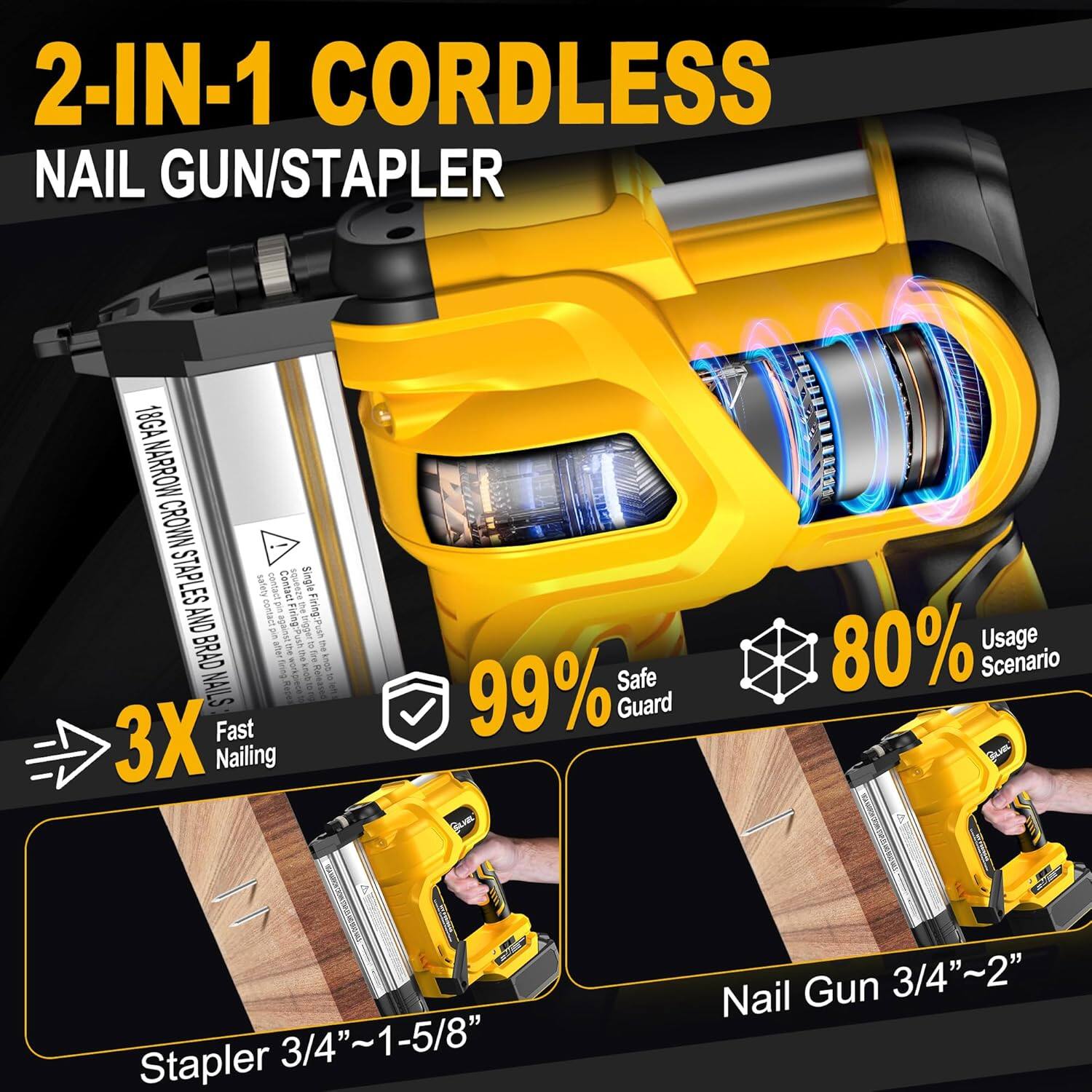 2-IN-1 CORDLESS NAIL GUN/STAPLER
18GA NARROW CROWN STAPLES AND BRAD NAILS
3X Fast Nailing
99% Safe Guard
80% Usage Scenario
Stapler 3/4"~1-5/8"
Nail Gun 3/4"~2"