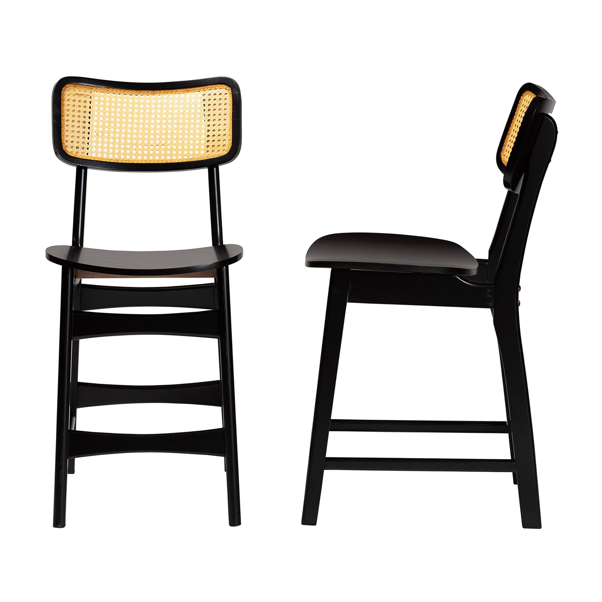 Left. Baxton Studio - Tafari Mid-Century Modern Finished Wood and Rattan 2-Piece Counter Stool Set - Dark Brown/Light Brown.