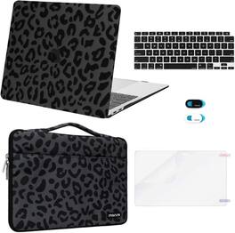 mosiso - 5IN1 Kit for MacBook Air 13 inch Case M1 A2337 A2179 A1932 2021-2018, Case&Bag&Keyboard Skin&Webcam Cover&Screen Film - Black Leopard Grain