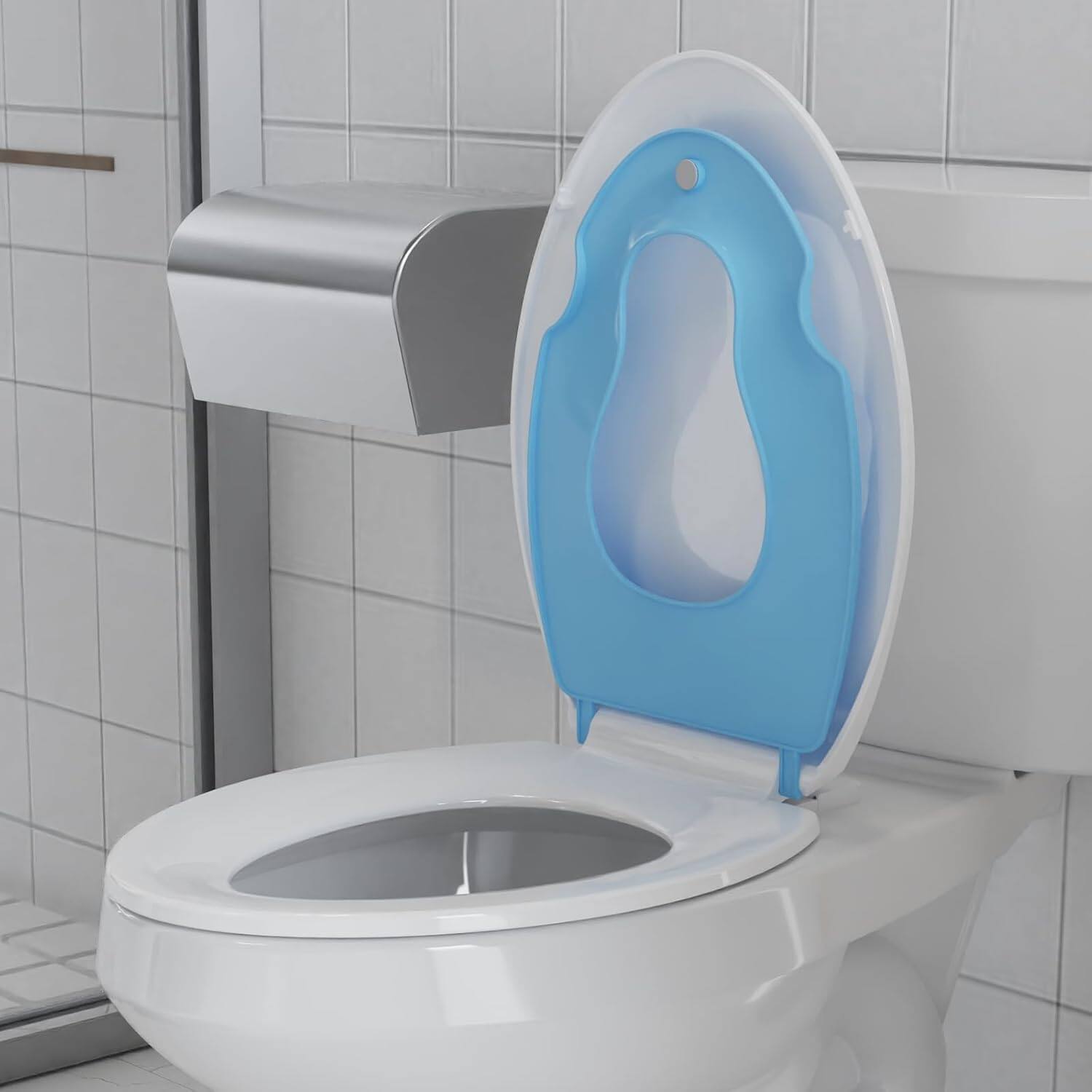 Left. Jojoka - 19inch Blue Elongated Toilet Seat with Built-in Toddler, Slow Close, Child & Adult, Potty Training, Bottom Fixing - Blue.