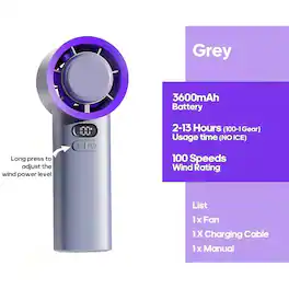 PRIMEPLUS - Portable Handheld Turbo Fan 100 Wind Speeds Adjustable Mini Personal Fan Battery Operated Electric Eyelash Fan - Purple