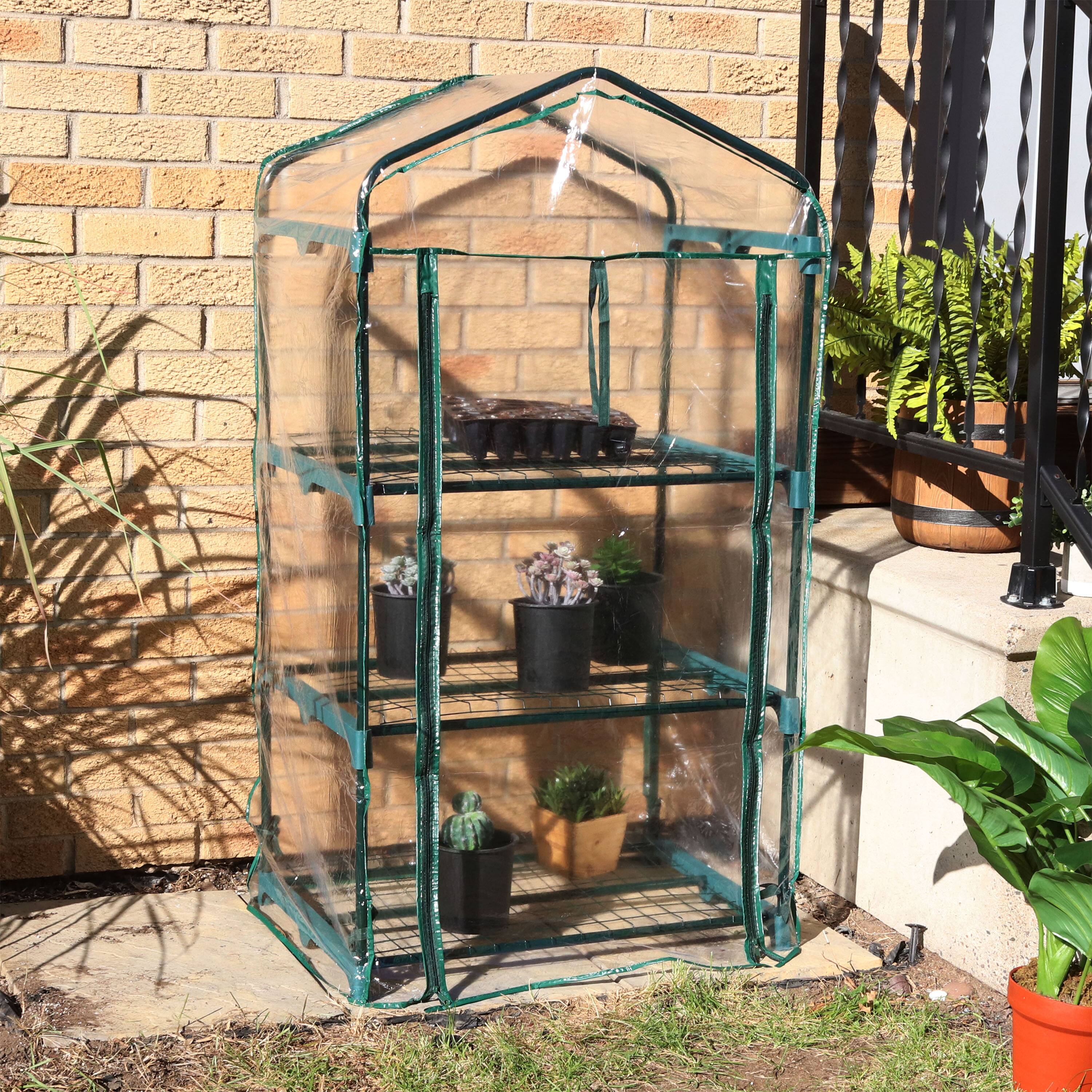 Alt View 4. Sunnydaze - Iron PVC Cover Mini Greenhouse with 3 Shelves/Zipper - Clear.