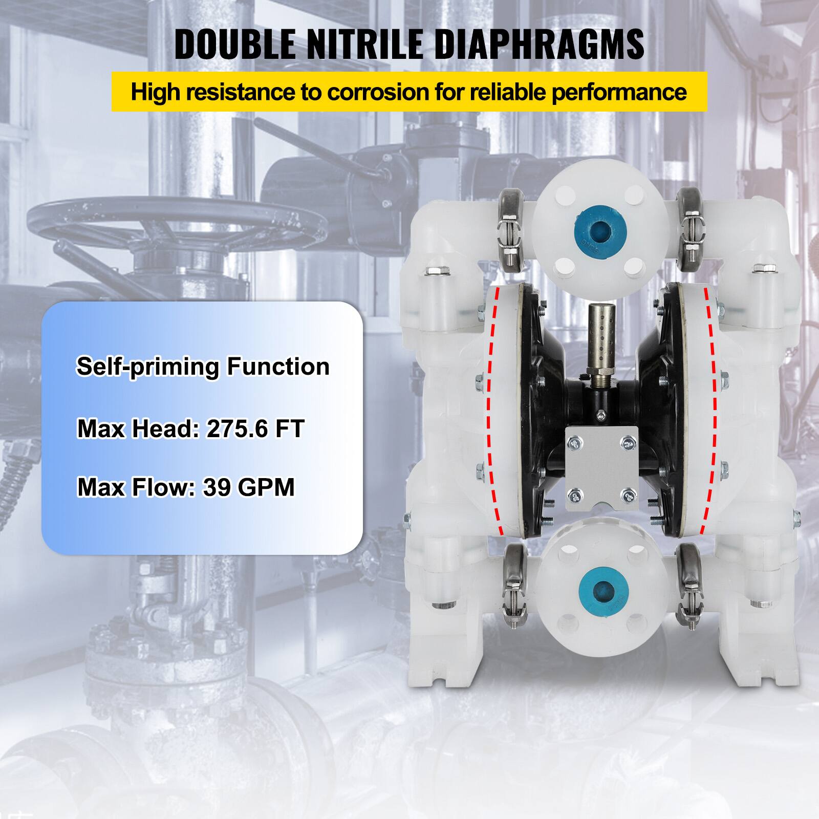 DOUBLE NITRILE DIAPHRAGMS  
High resistance to corrosion for reliable performance  
Self-priming Function  
Max Head: 275.6 FT  
Max Flow: 39 GPM