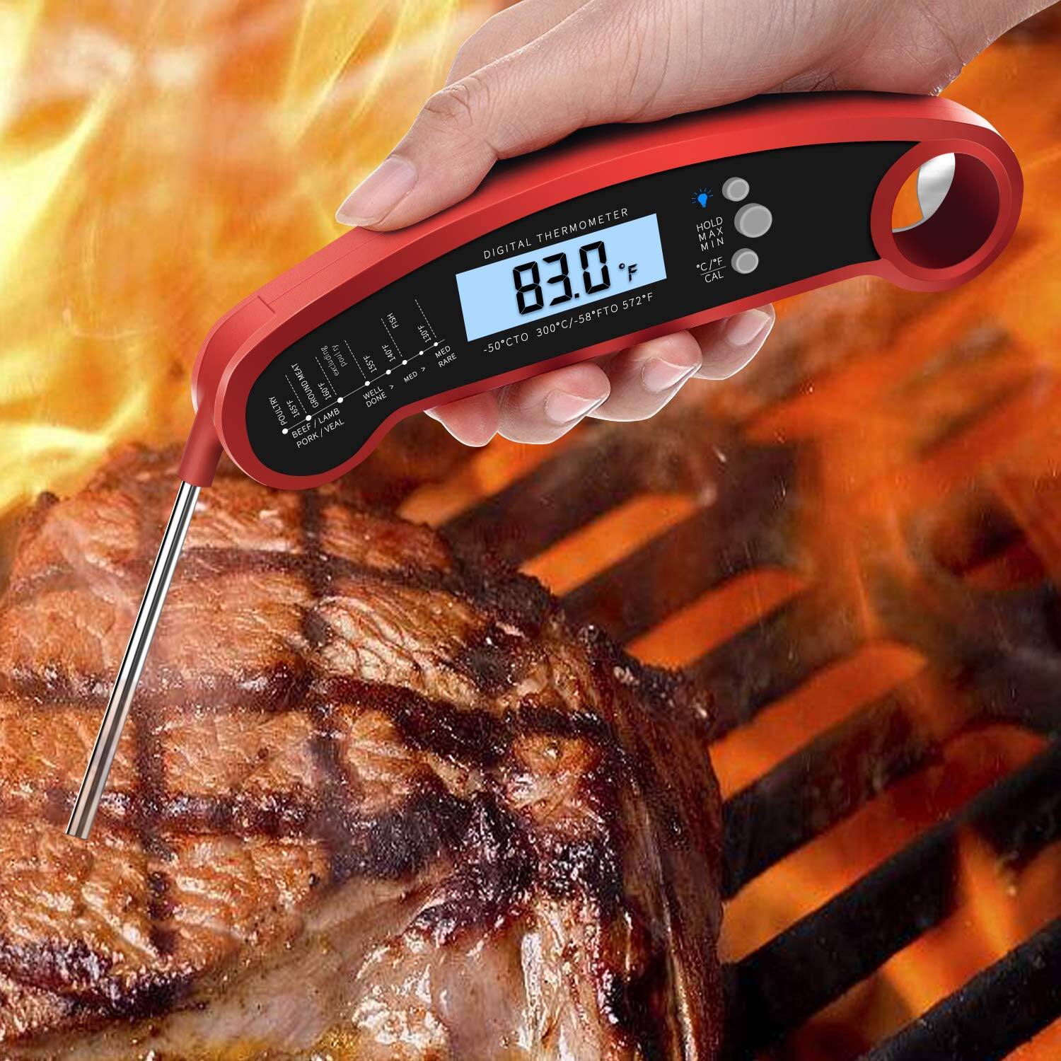 FIH 130 peelny ILOWS MED 98 BARE MEXT MED GROUND 1T SELL DONE B WN POULTRY - LAME VEAL BEEF PORK

THERMOMETER DIGITAL 83.0°F 572°F 300°C/-50°C TO -50°C TO

HOLD MAX MIN CCF A CAL

DIGITAL THERMOMETER

83.0°F

300°C/-58°F 572°F