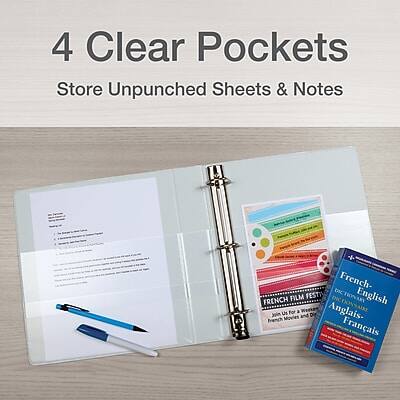 4 Clear Pockets  
Store Unpunched Sheets & Notes  

French-English  
FESTI Dsc FRENCH FILM FESTIVAL  
English French  
Dir Anglais- Français