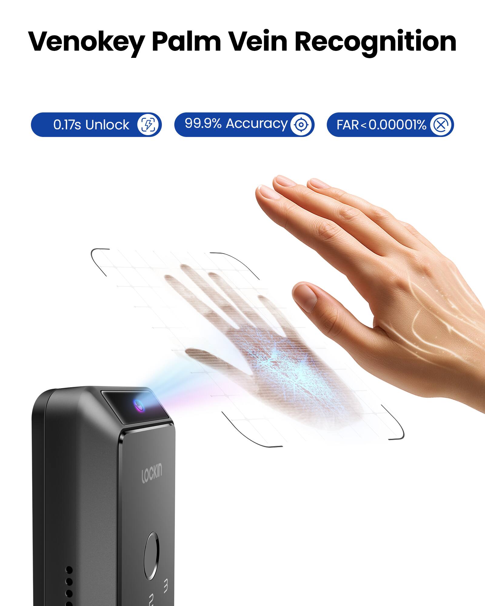 Venokey Palm Vein Recognition  
0.17s Unlock  
99.9% Accuracy  
FAR < 0.00001%