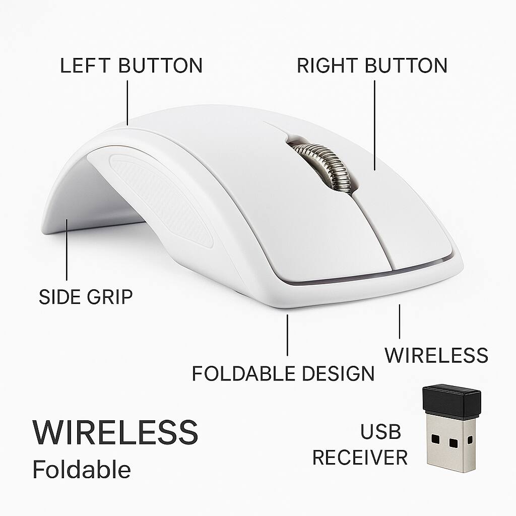 LEFT BUTTON, RIGHT BUTTON, SIDE GRIP, WIRELESS, FOLDABLE DESIGN, WIRELESS USB RECEIVER