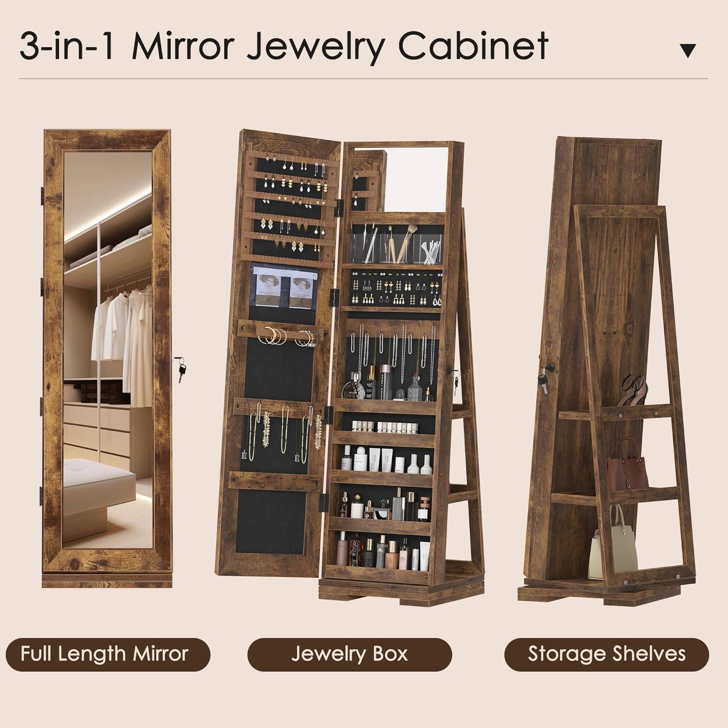 3-in-1 Mirror Jewelry Cabinet

Full Length Mirror

Jewelry Box

Storage Shelves