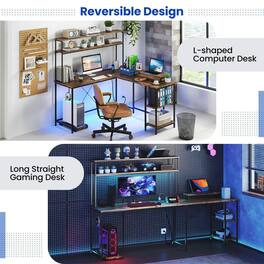 Resenkos - Reversible L-Shaped Gaming Desk - LED Strip, Power Outlets, Hutch Monitor Stand, Rustic Black - Brown
