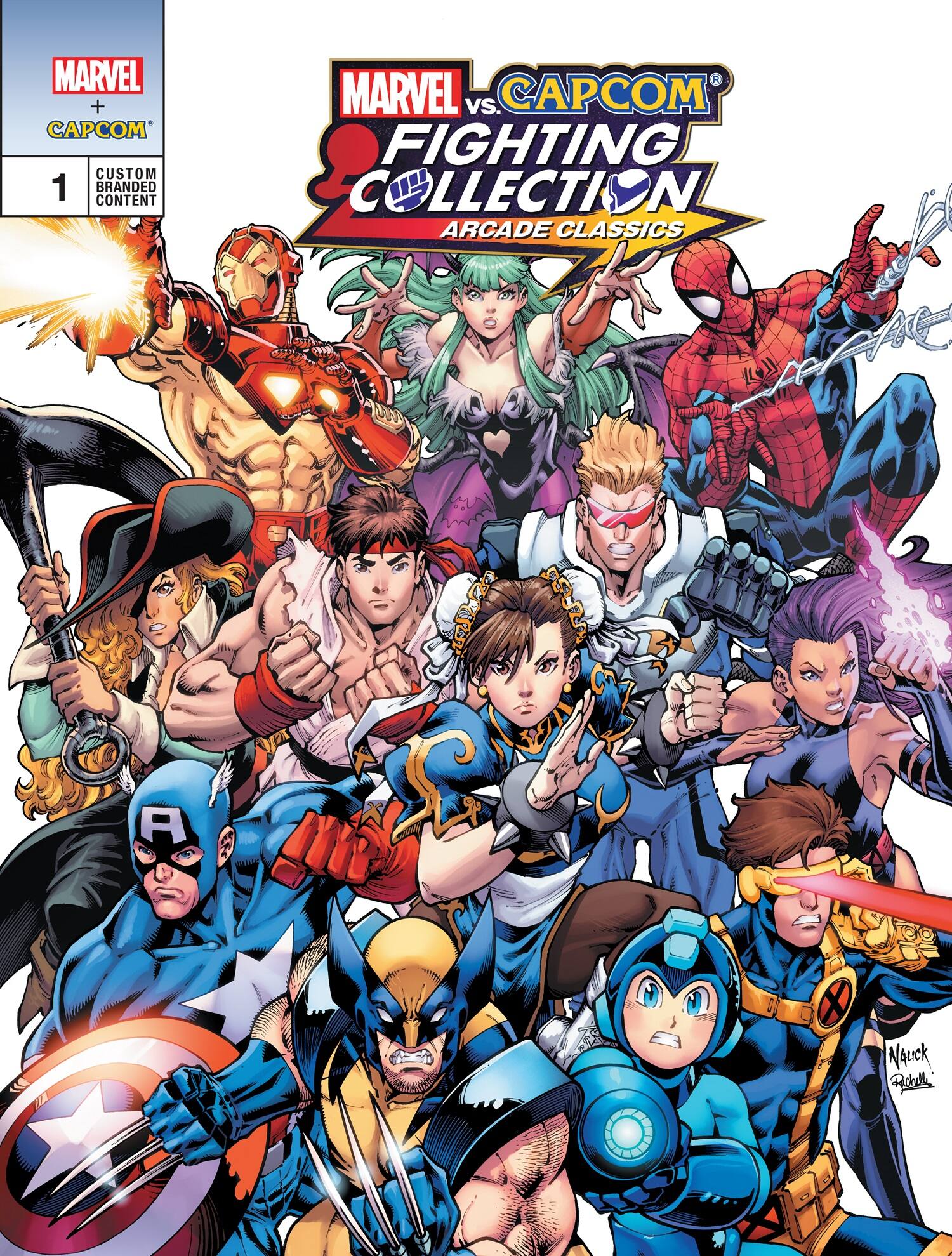The text on the image reads "MARVEL + CAPCOM CUSTOM 1 BRANDED CONTENT 1 MARVEL VS. CAPCOM FIGHTING COLLECTION ARCADE CLASSICS".