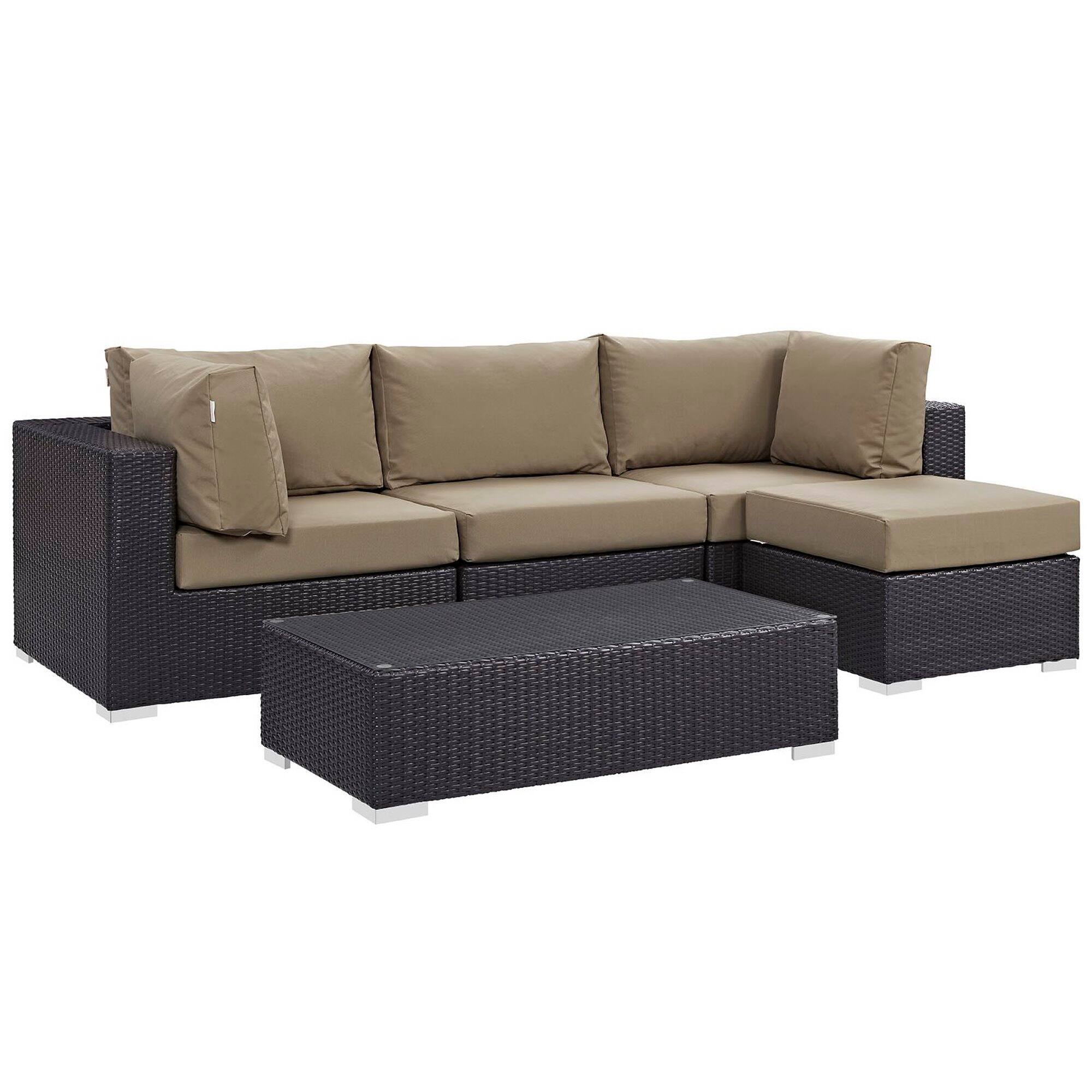 Modway - Convene 5-Piece Outdoor Patio Sectional Set with Cushioned Seats and Armrests - Espresso Mocha