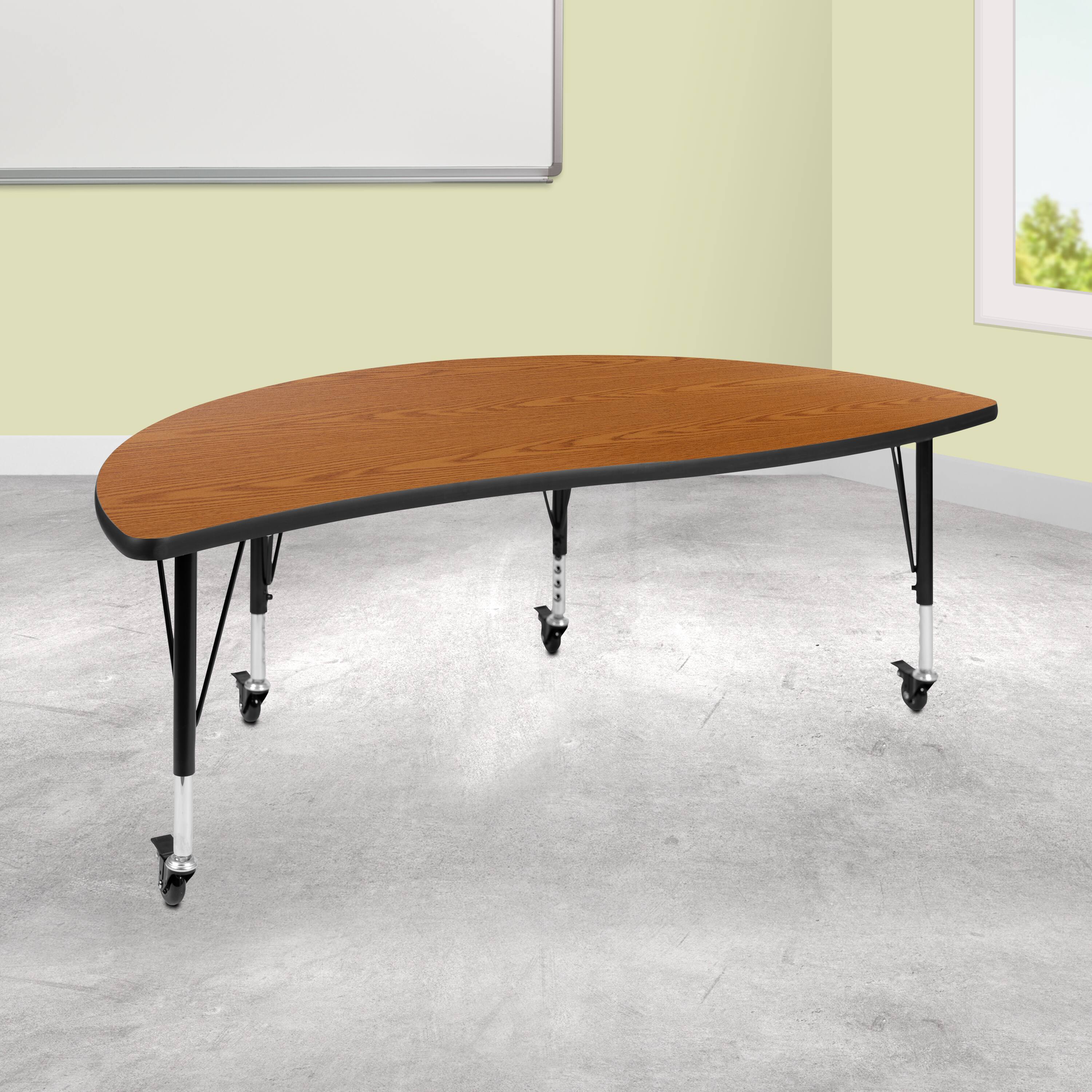 Angle. Flash Furniture - Wren Mobile 60" Half Circle Wave Flexible Collaborative Oak Thermal Laminate Activity Table-Height Adjust Short Legs - Brown.