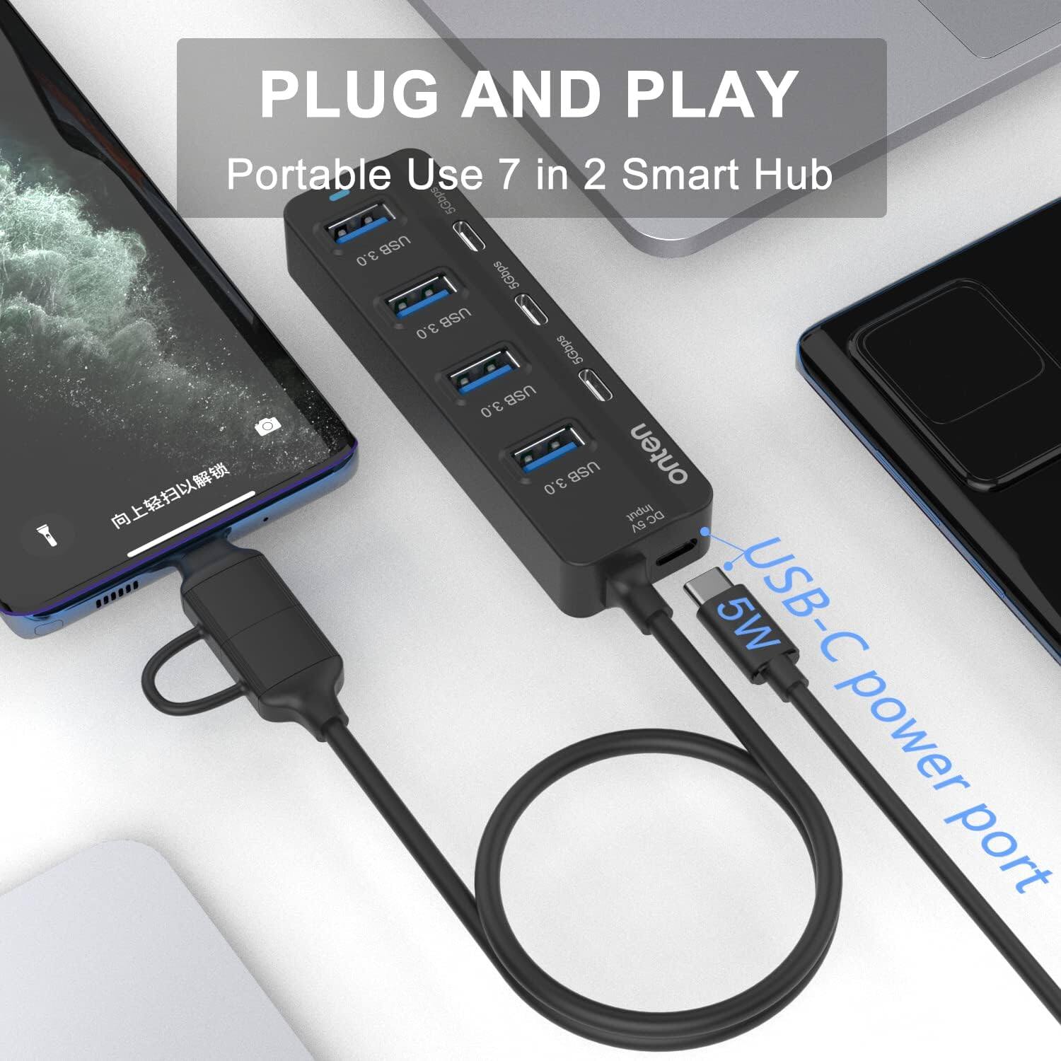PLUG AND PLAY  
Portable Use 7 in 2 Smart Hub  
5Gbps 3.0 USB  
5Gbps 3.0 USB  
5Gbps 3.0 USB  
USB-C power port  
Input DC 5V 5W