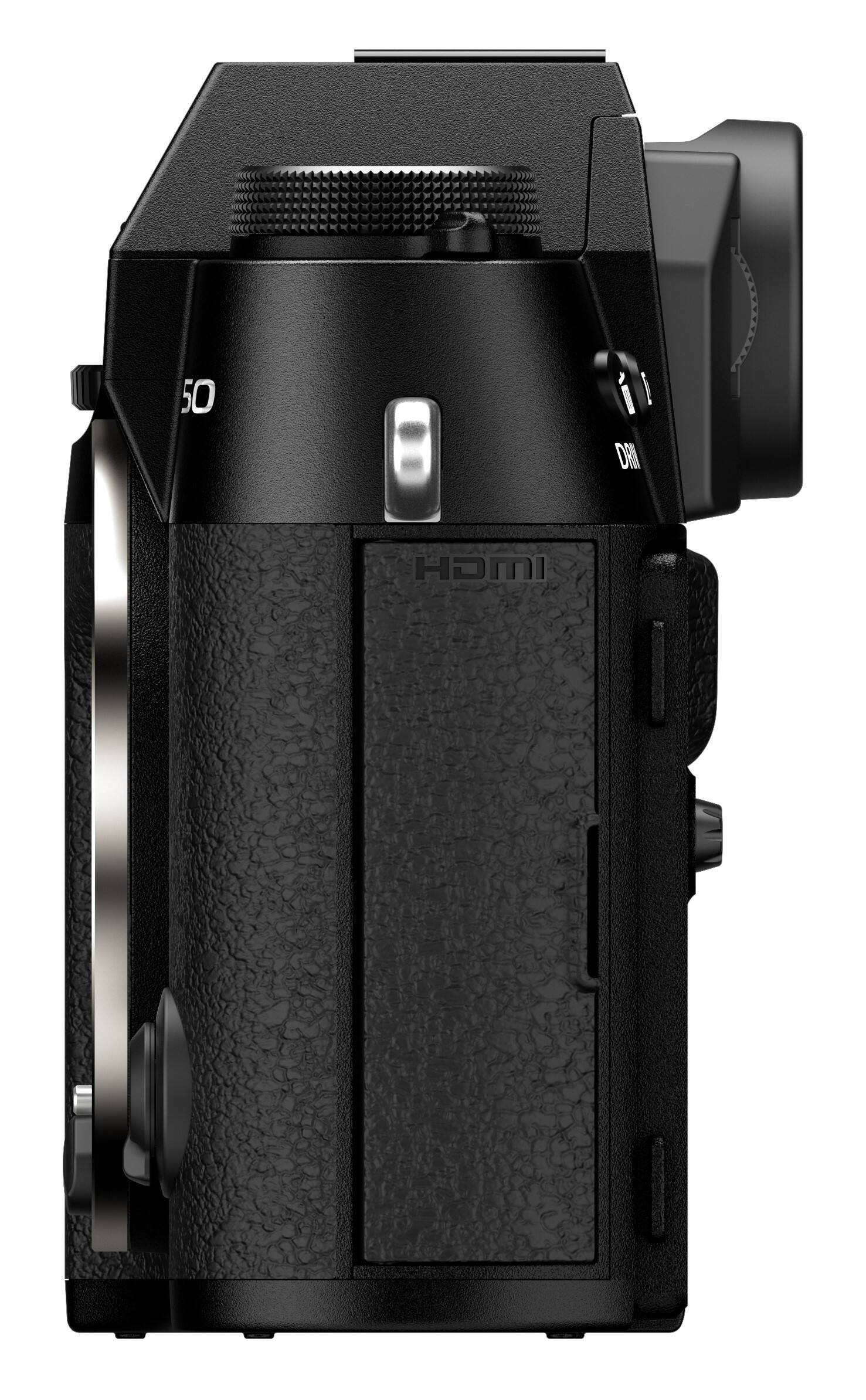 The image features a black digital camera with a large lens, which is likely designed for professional use. The camera is positioned against a white background, making it stand out prominently. The camera is equipped with a large lens, which suggests that it is capable of capturing high-quality images and videos. The camera's design and features indicate that it is a high-end, advanced model, suitable for professional photographers and videographers.