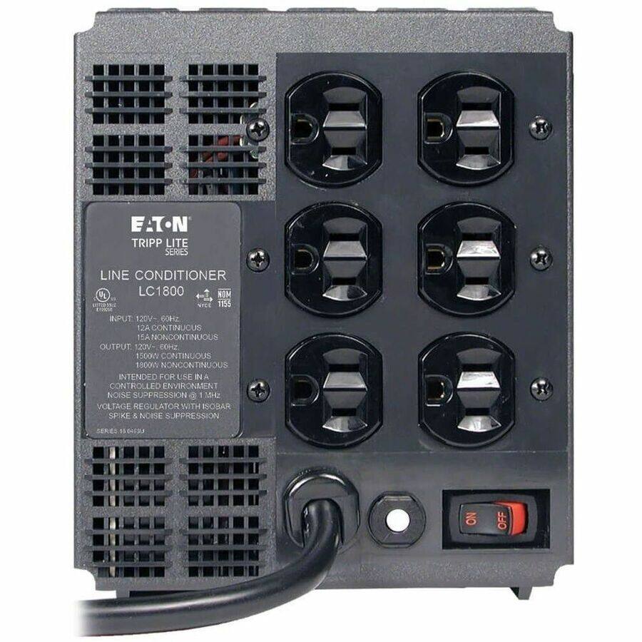 E-T-N  
TRIPP LITE SERIES  
LINE CONDITIONER  
LC1800  
NOM  
INPUT 120V-60Hz 12A CONTINUOUS 15A NONCONTINUOUS  
OUTPUT 120V-60Hz 1500W CONTINUOUS 1800W NONCONTINUOUS  
INTENDED FOR USE IN A CONTROLLED ENVIRONMENT  
NOISE SUPPRESSION @ 1 MHz  
VOLTAGE REGULATOR WITH ISOBAR SPIKE & NOISE SUPPRESSION  
SERIES 15 (4130)  
NO OFF