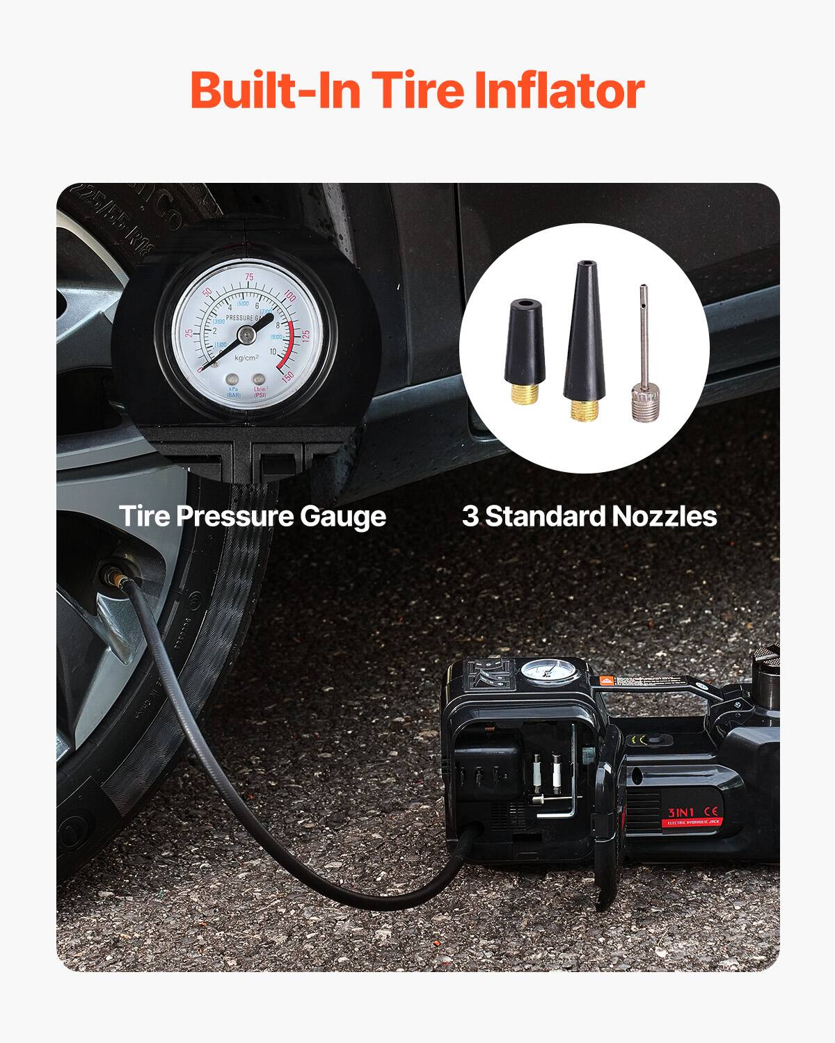 Built-In Tire Inflator

225/55R18 5 50 1L

PRESEURE 1 - 25 2 00 25 J 10 kg

Tire Pressure Gauge

3 Standard Nozzles

SIN1 CE