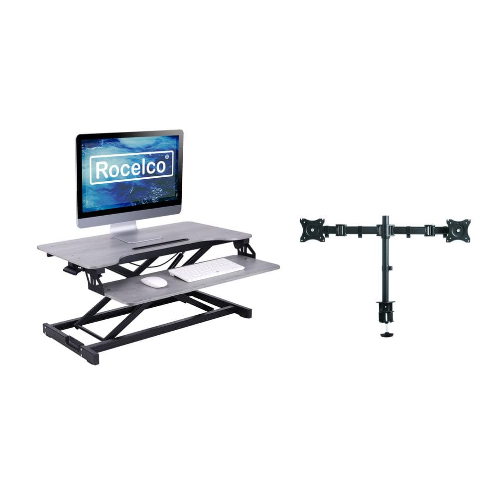 Rocelco - Standing Desk Converter with Dual Monitor Mount - 31.5 Inch Sit Stand Up Tabletop Riser with Tablet Holder - Gray