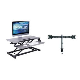 Rocelco - Standing Desk Converter with Dual Monitor Mount - 31.5 Inch Sit Stand Up Tabletop Riser with Tablet Holder - Gray