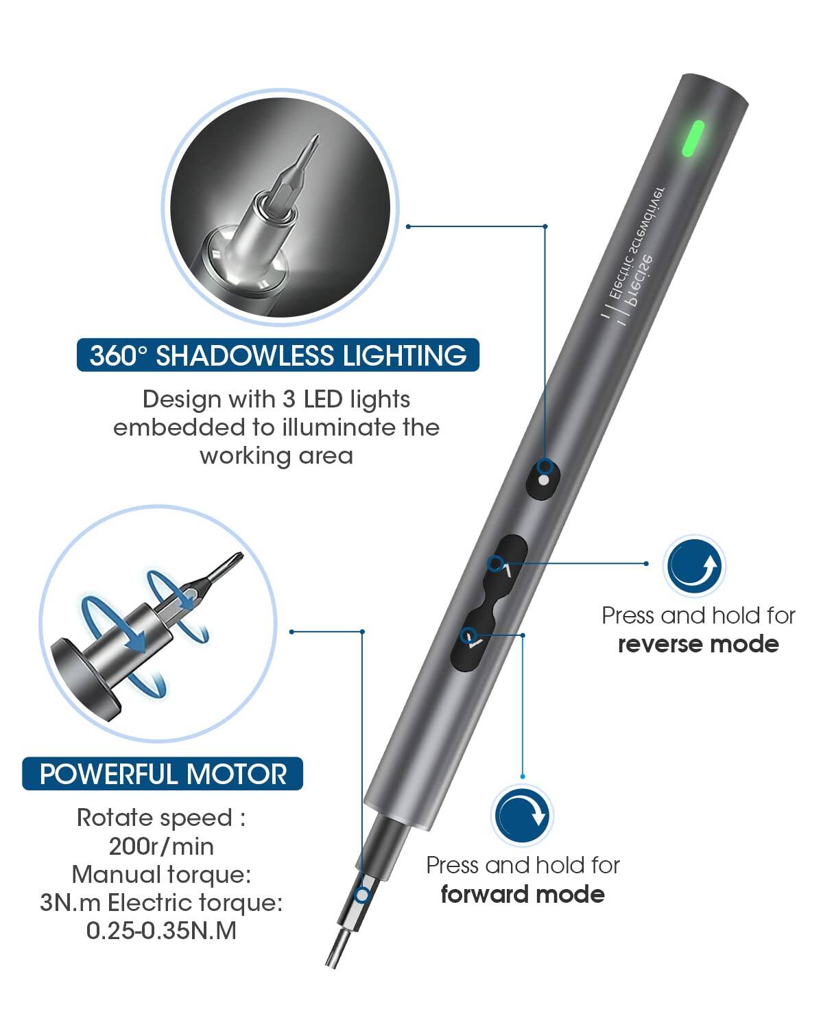 360° SHADOWLESS LIGHTING  
Design with 3 LED lights embedded to illuminate the working area  

POWERFUL MOTOR  
Rotate speed: 200r/min  
Manual torque: 3N.m  
Electric torque: 0.25-0.35N.M  

Press and hold for reverse mode  
Press and hold for forward mode