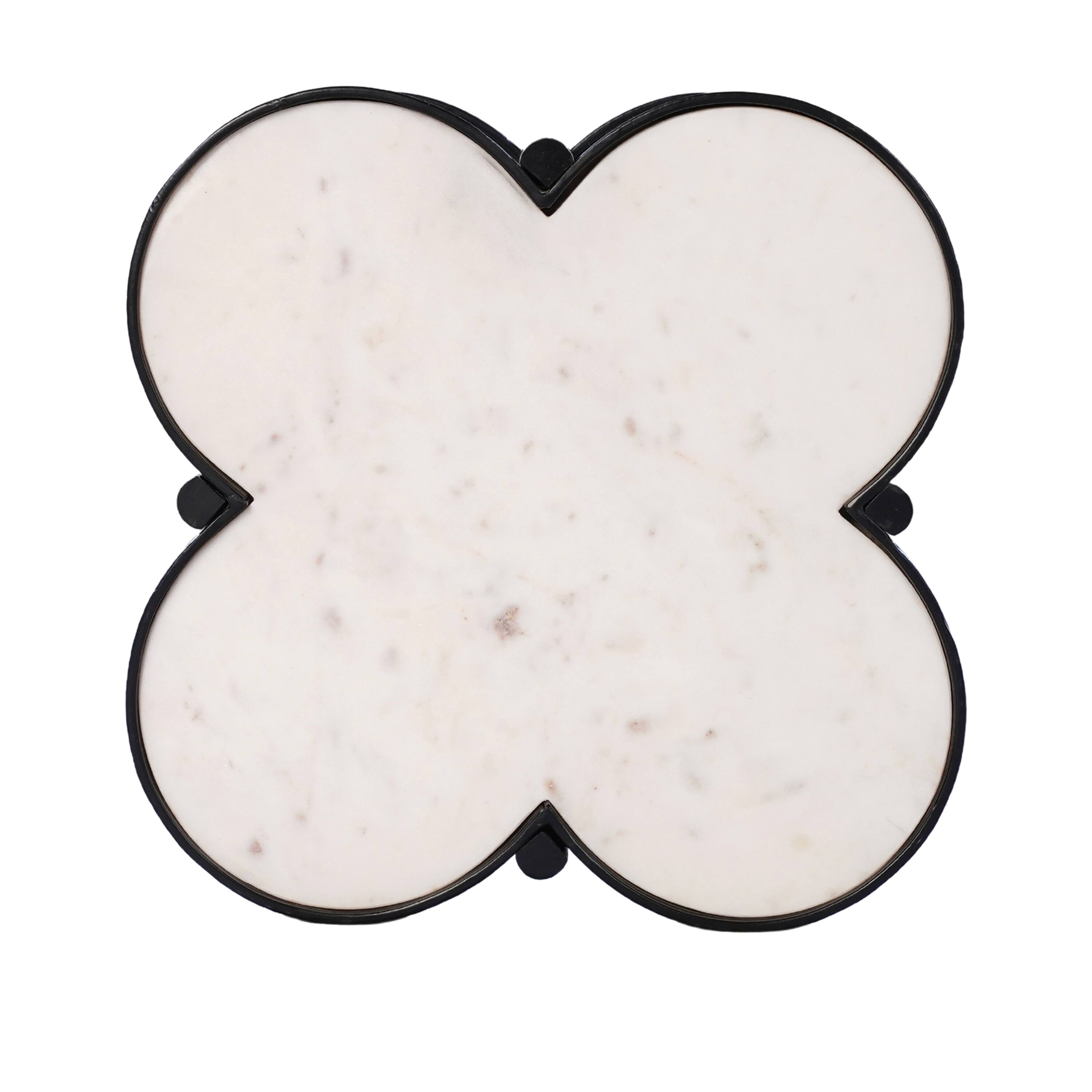 Alt View 2. Manhattan Lane - Chloe Side End Table, White Genuine Marble Clover Shape Top With Black Iron Frame - Black, White.