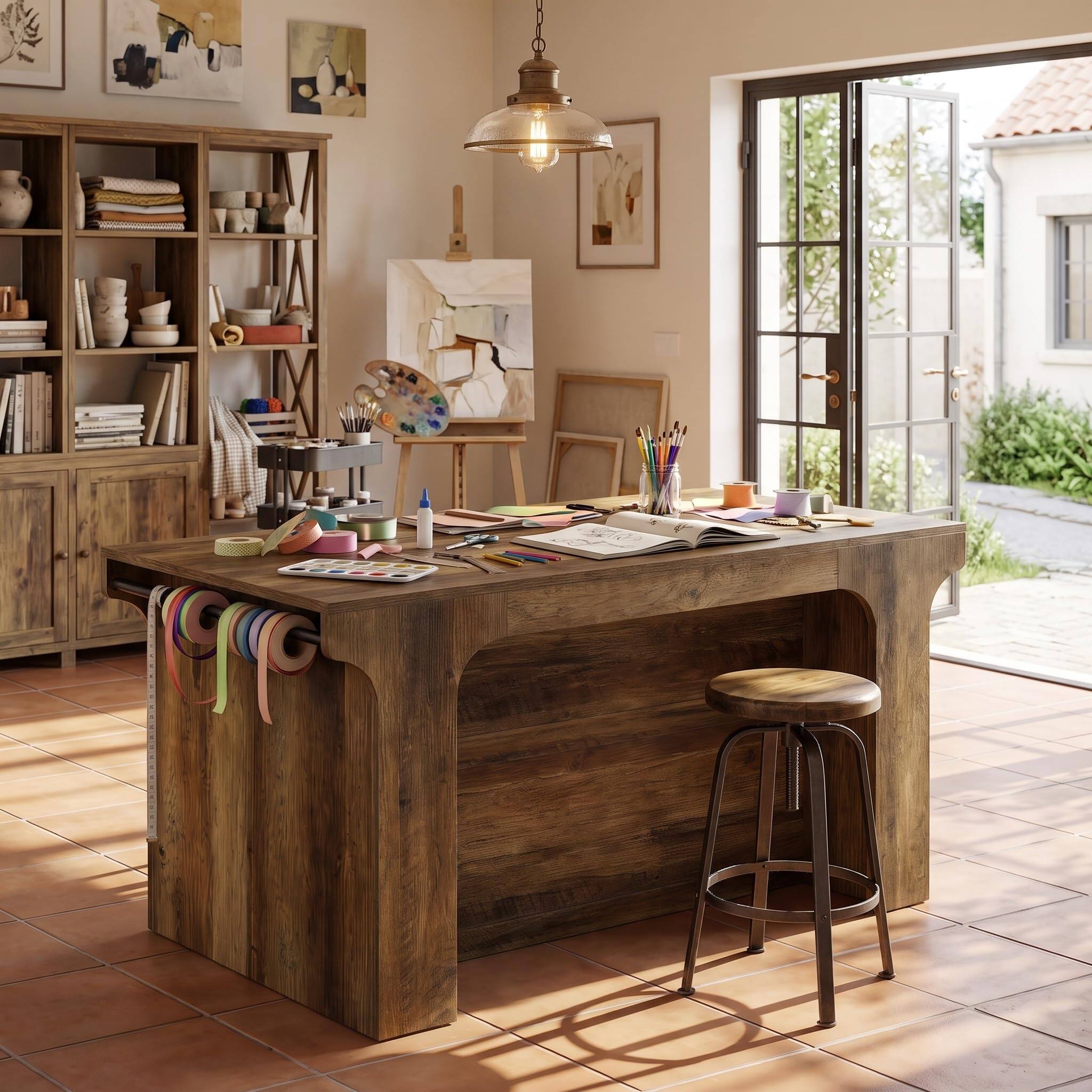 Left. Tribesigns - Farmhouse Craft Table with Storage, Seating, 2 Hanging Rods - Brown.