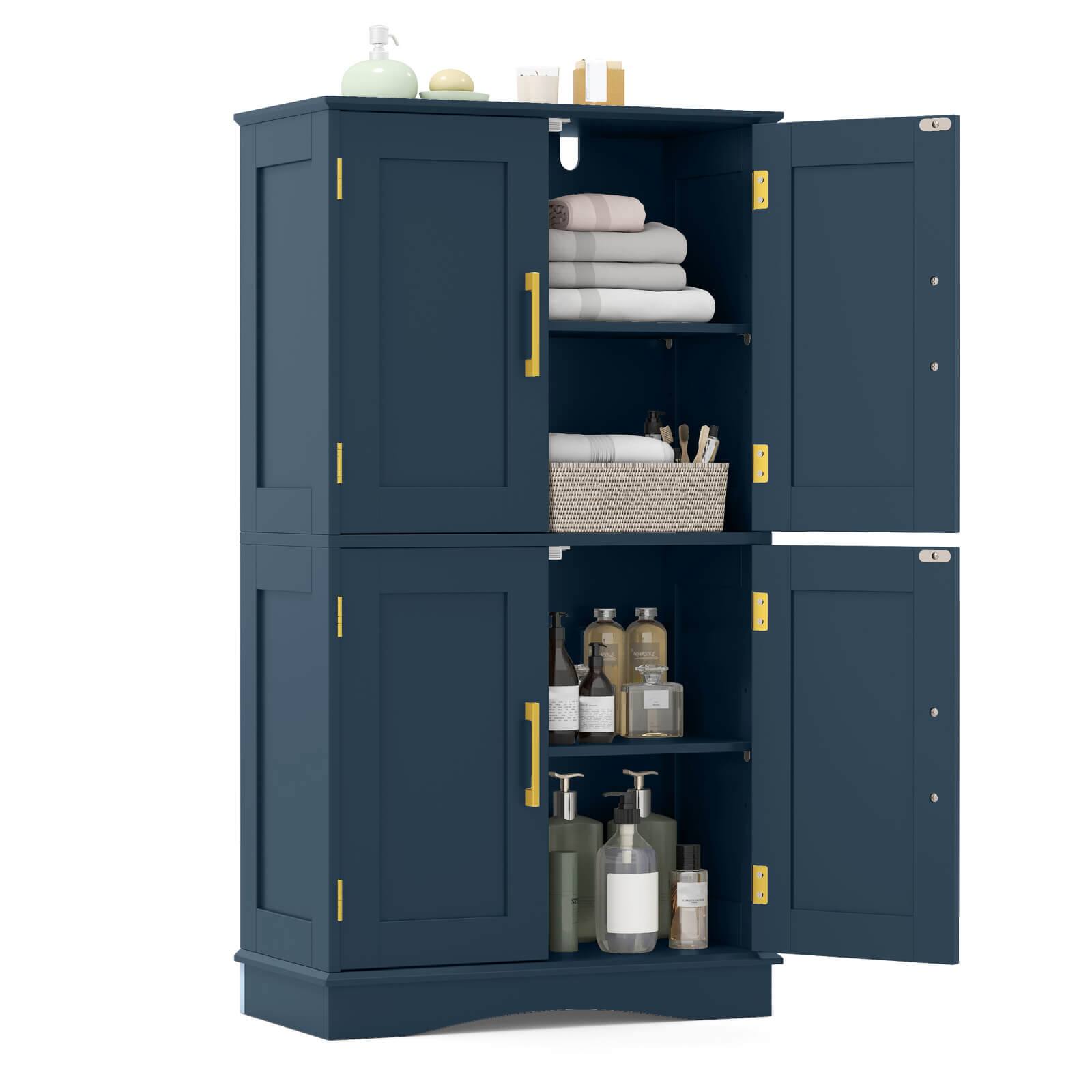 Costway - Bathroom Floor Storage Cabinet 43.5" Freestanding Pantry Cabinet with 4 Doors - Blue