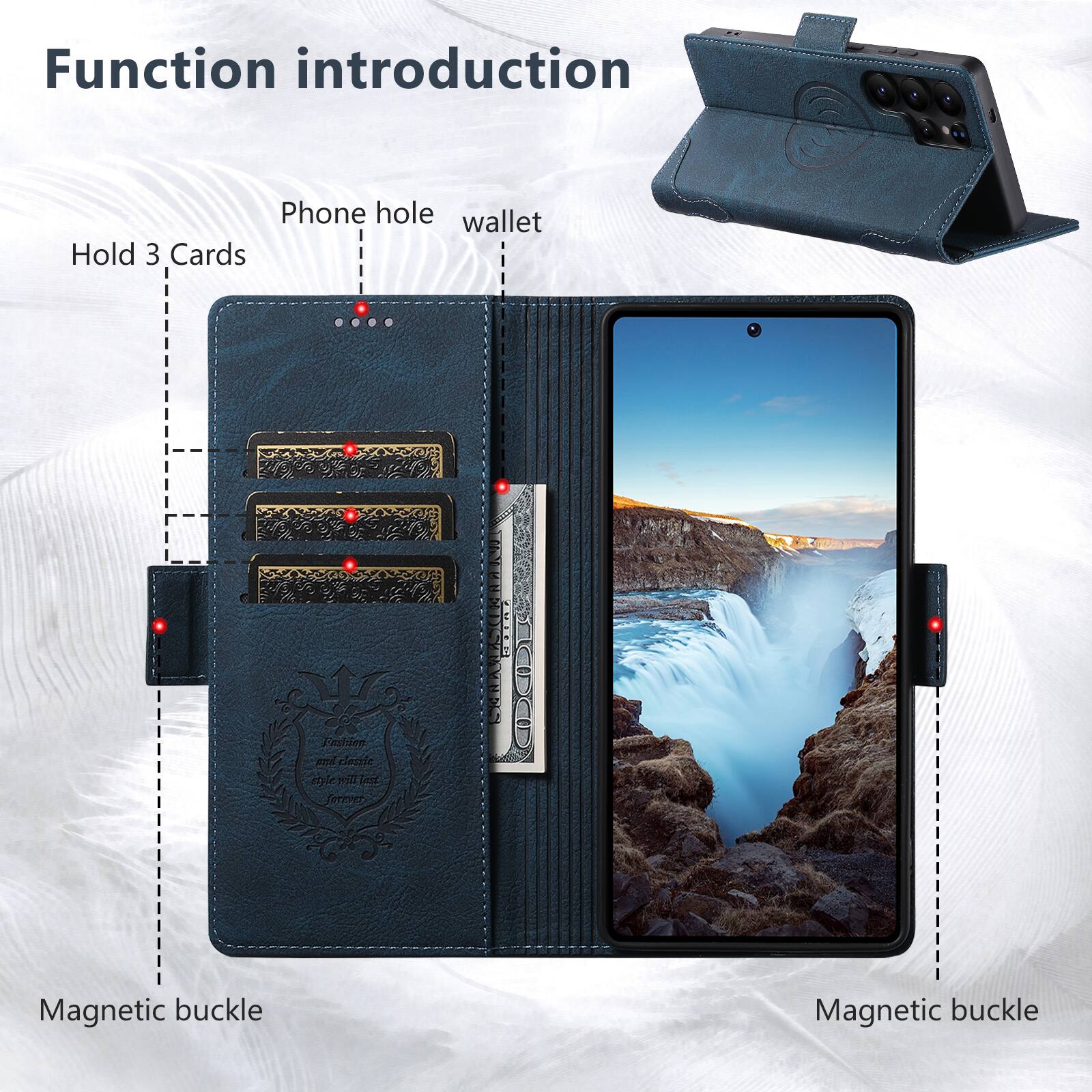 Function introduction

Phone hole wallet

Hold 3 Cards

Magnetic buckle

Magnetic buckle