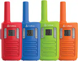 Cobra - RX100 16-Mile Range Family Walkie Talkies (4-Pack) Kid-Friendly Communication, 22 Channels, NOAA Weather Alerts - Blue/Red/Green/Orange